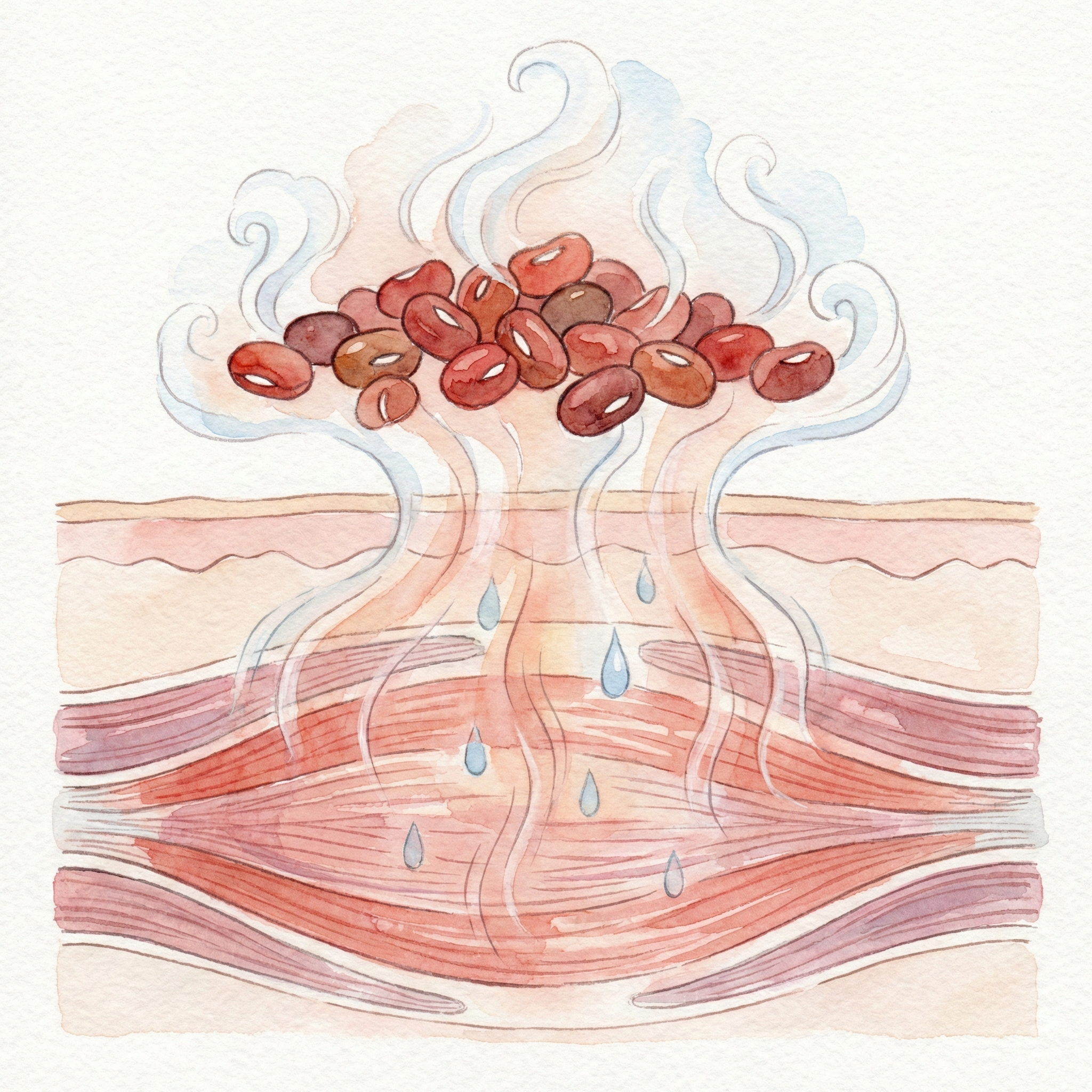 Diagram showing moist steam from azuki beans penetrating deep into the muscles around the eye