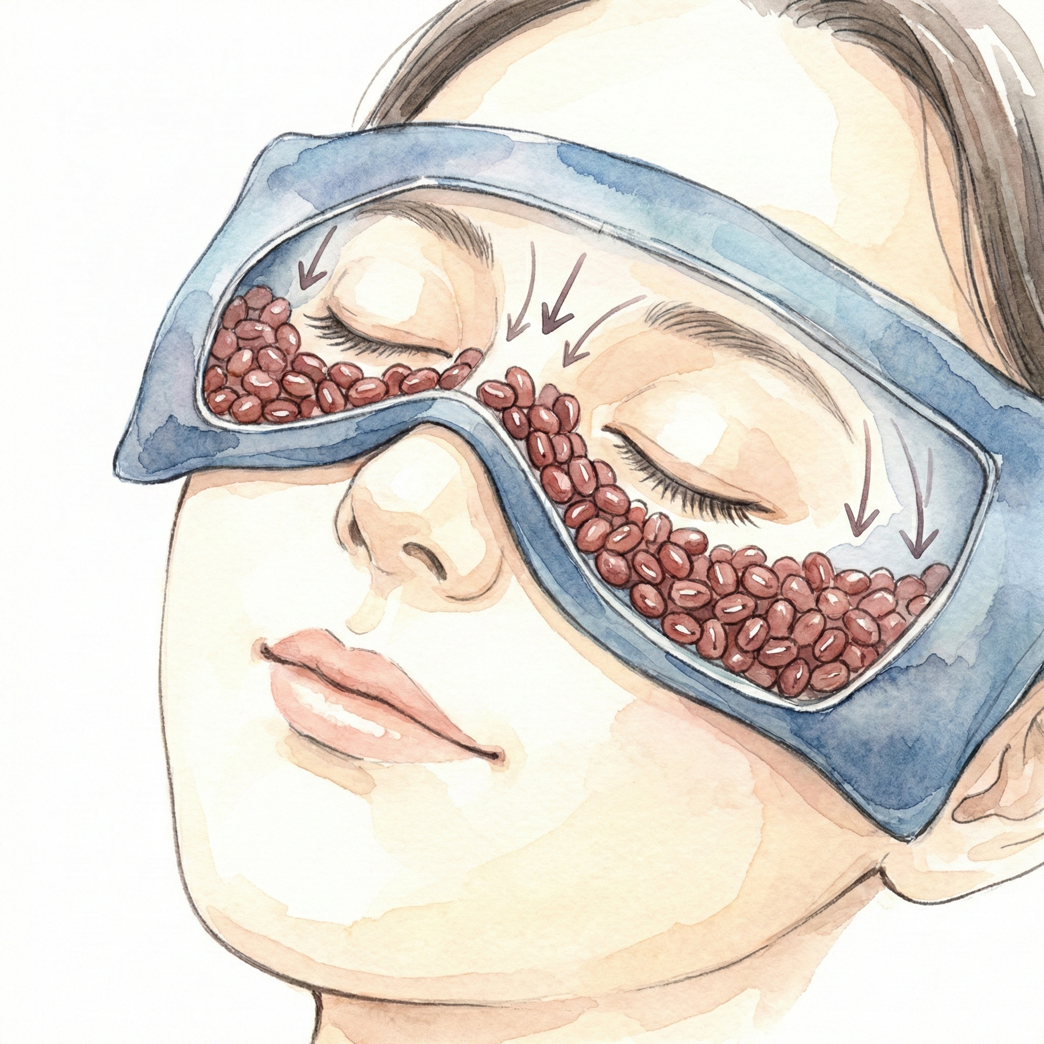Illustration of azuki beans conforming to the shape of the eye socket, applying gentle weight