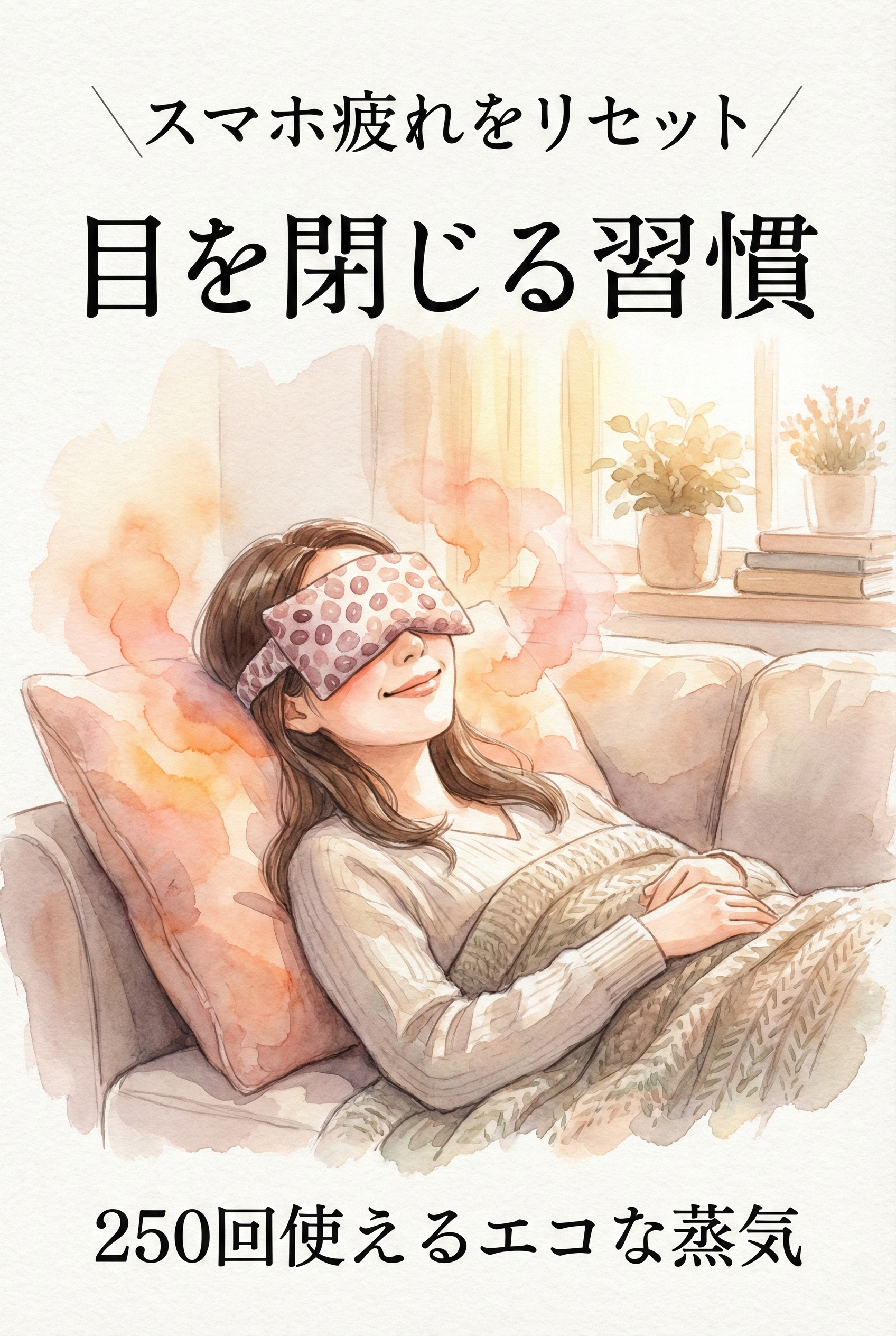 A woman resting with a warm azuki eye pillow placed over her eyes, looking relaxed and at ease