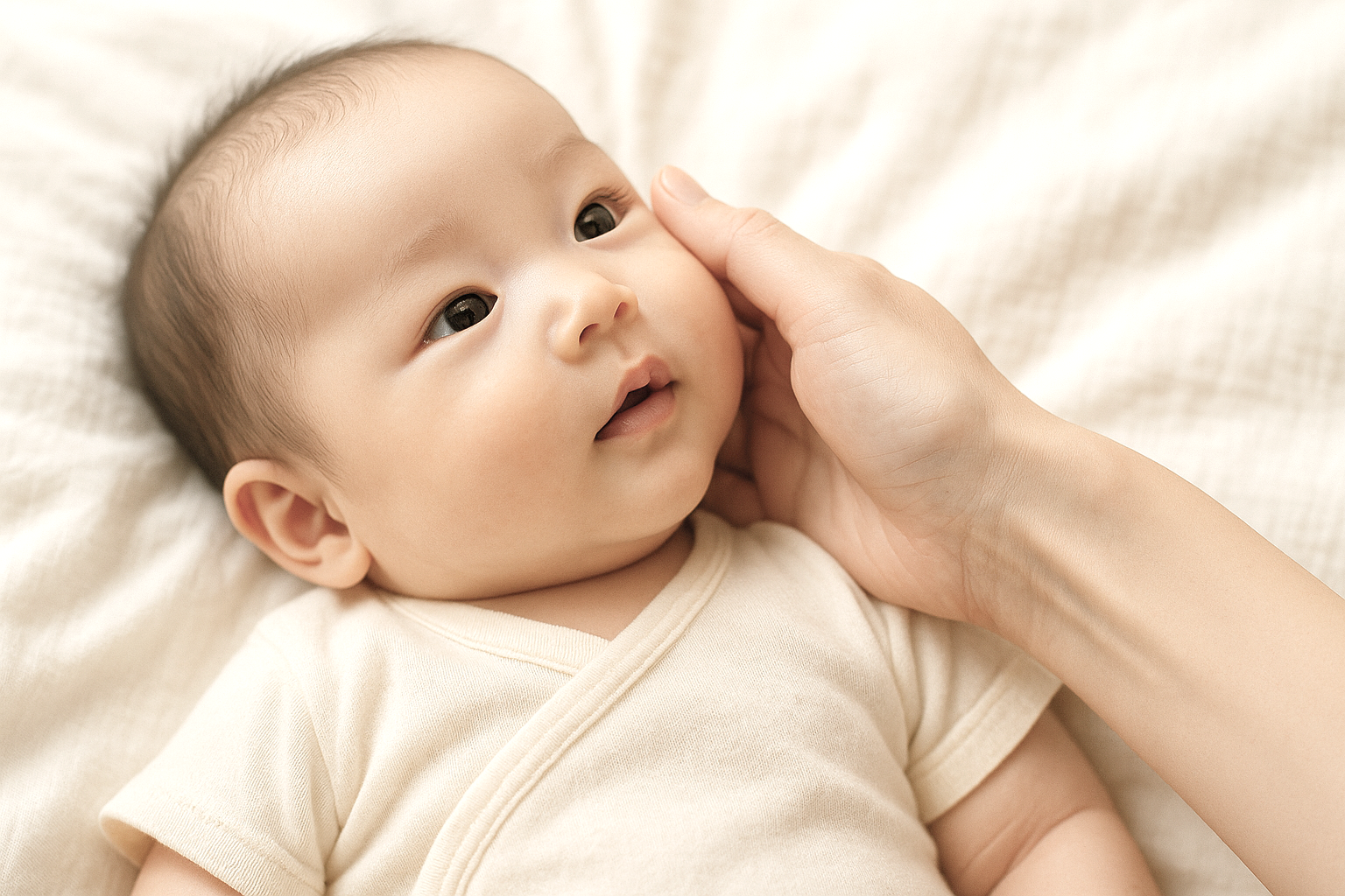 A parent's hand gently touching a baby's cheek — the baby dressed in Japanese-made clothing