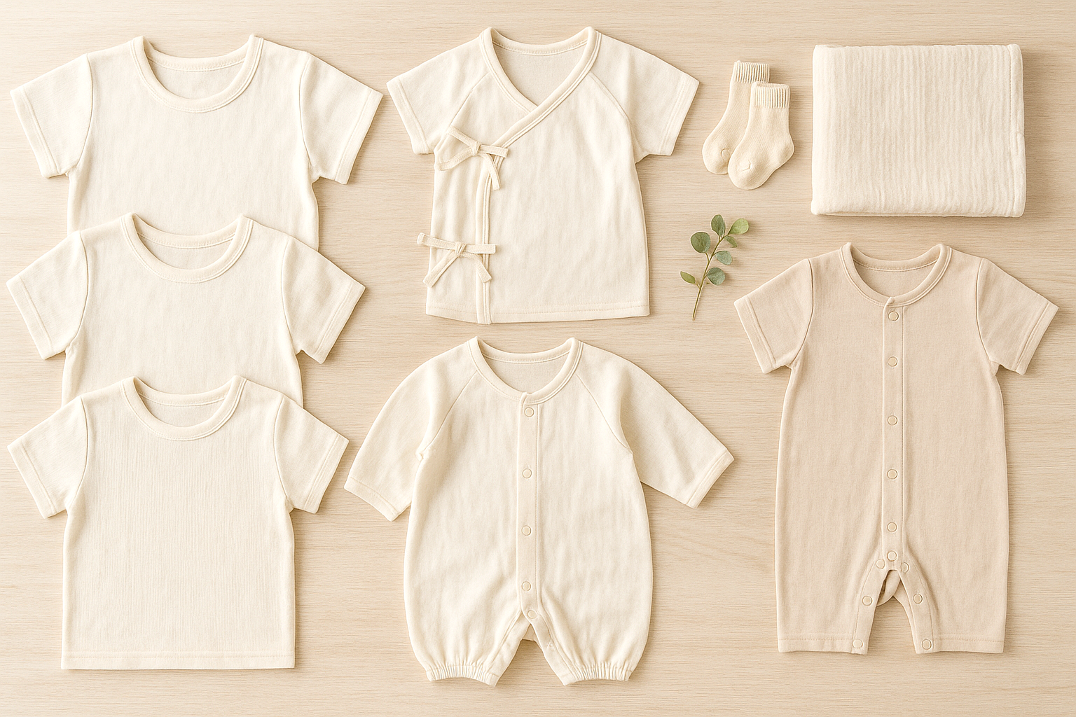 Japanese-made baby bibs and rompers arranged on a table