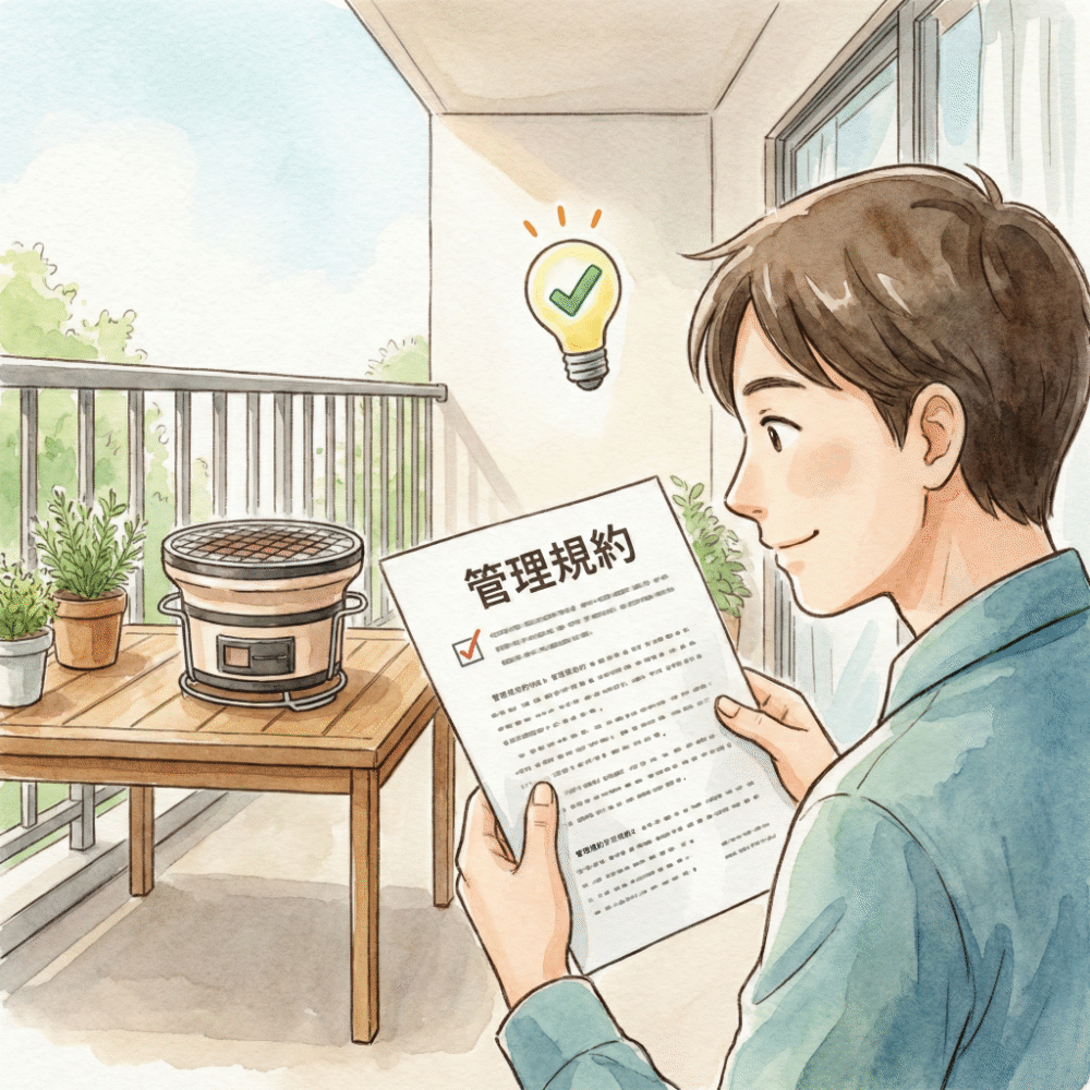 Illustration reminding you to check your apartment building's fire regulations before using an open flame on a balcony