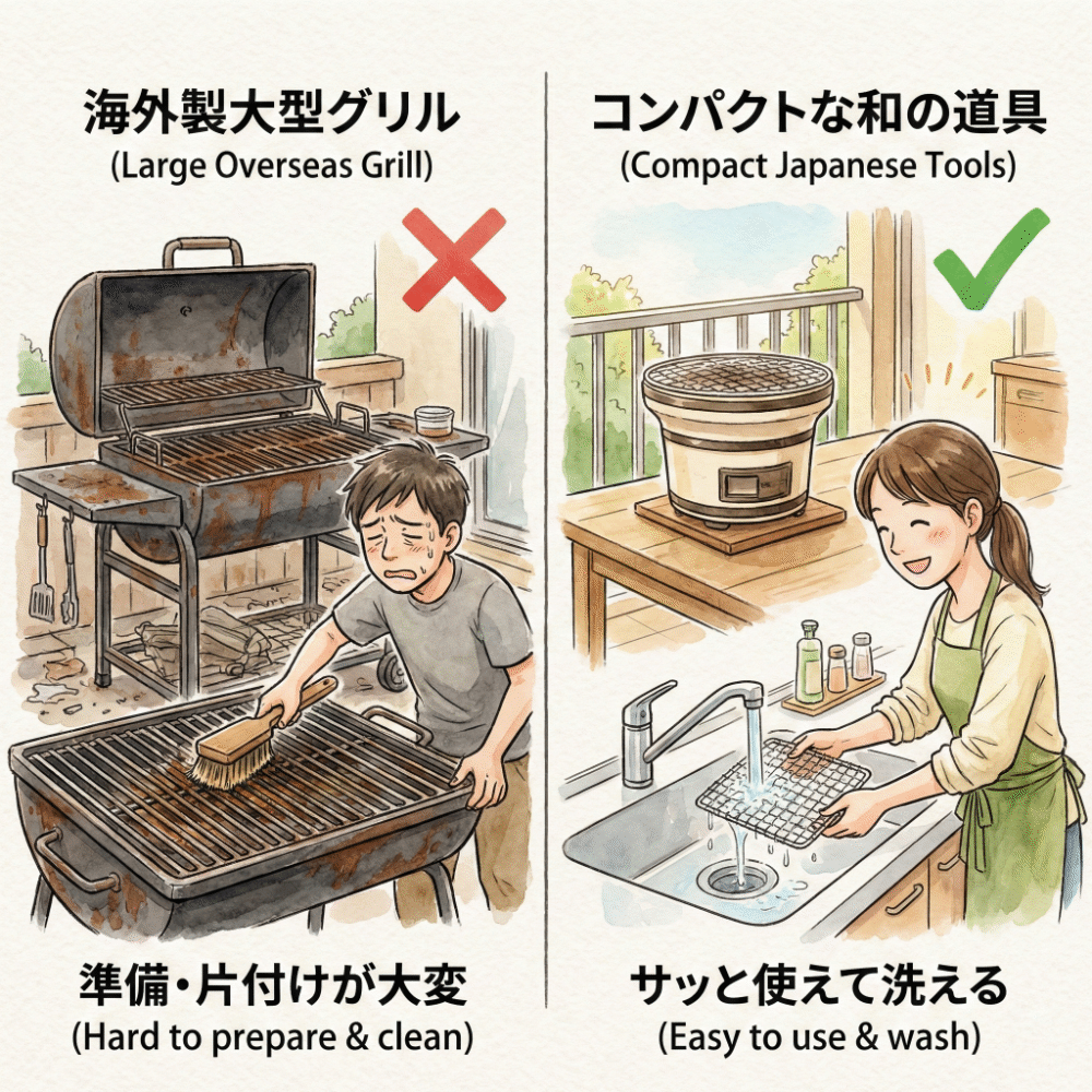 Illustration comparing a bulky Western grill with a compact Japanese tabletop konro that fits on a balcony table