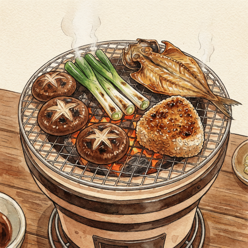 Illustration of a smoke-friendly Japanese-style BBQ centered on vegetables, seafood, and onigiri on a shichirin