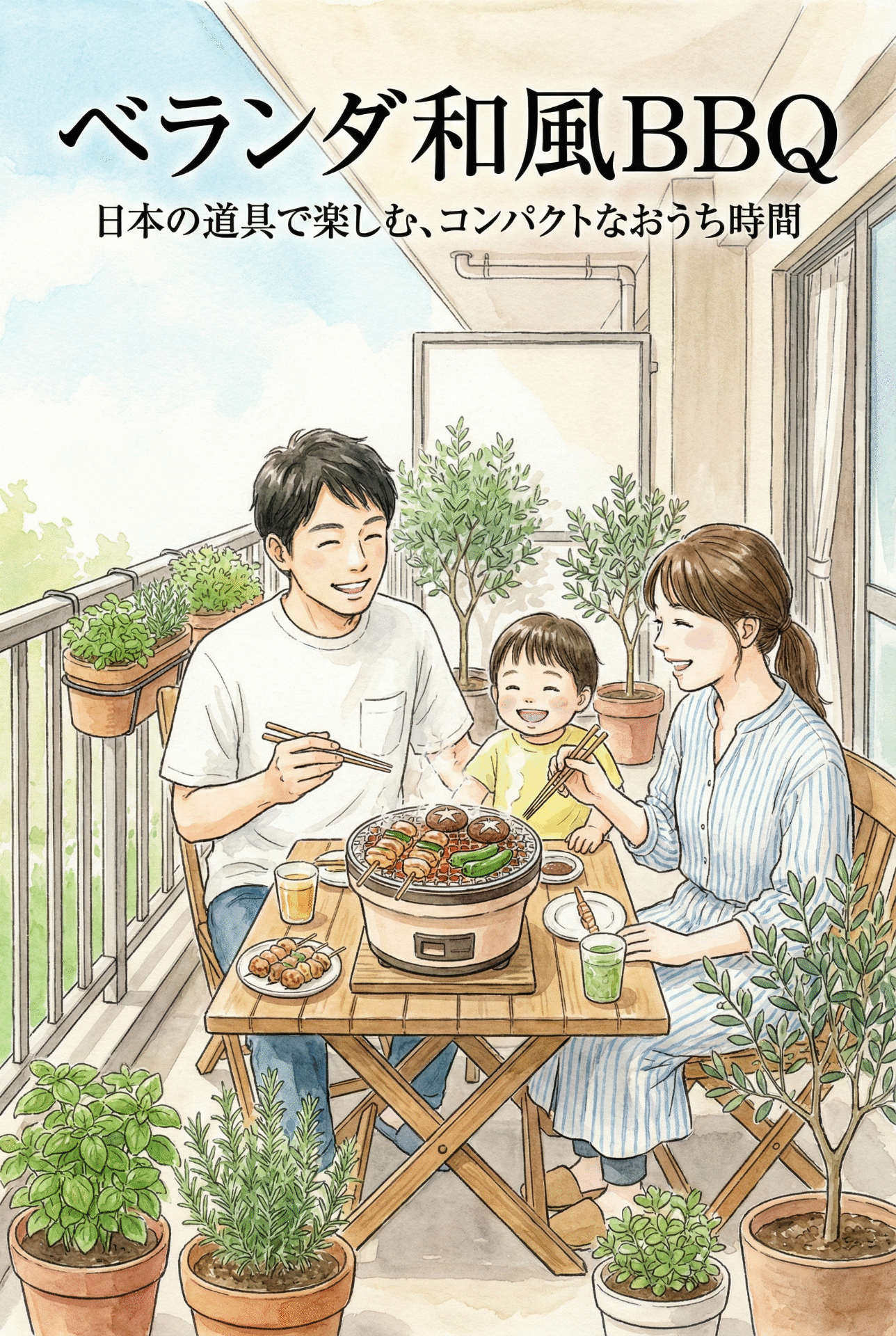 A family happily gathered around a compact Japanese-style grill on a small balcony table, cooking together
