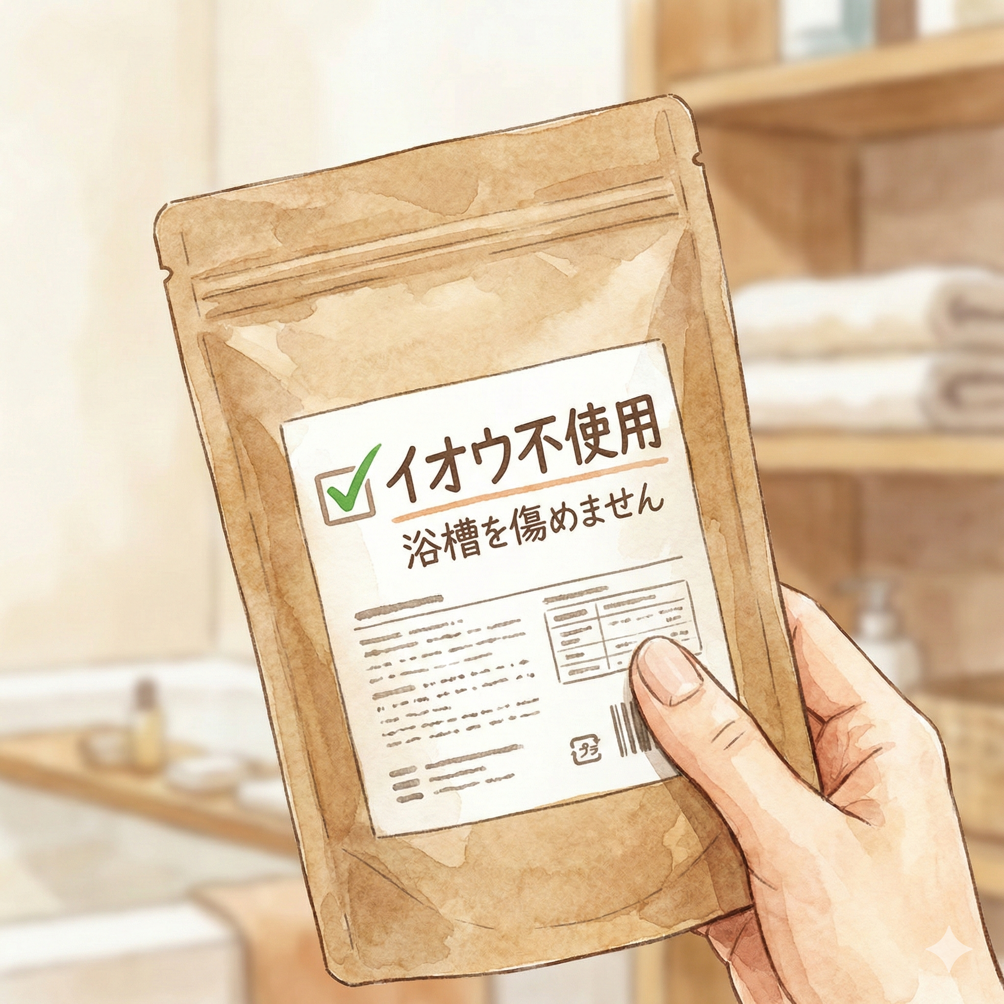 Illustration of a hand checking a bath additive package label for sulfur content