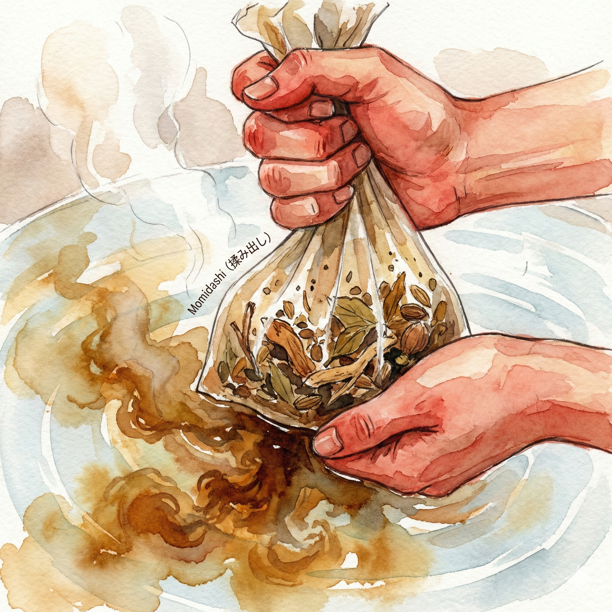 Illustration of hands kneading a cloth herb bag in bathwater, releasing herbal compounds into the amber-tinted water
