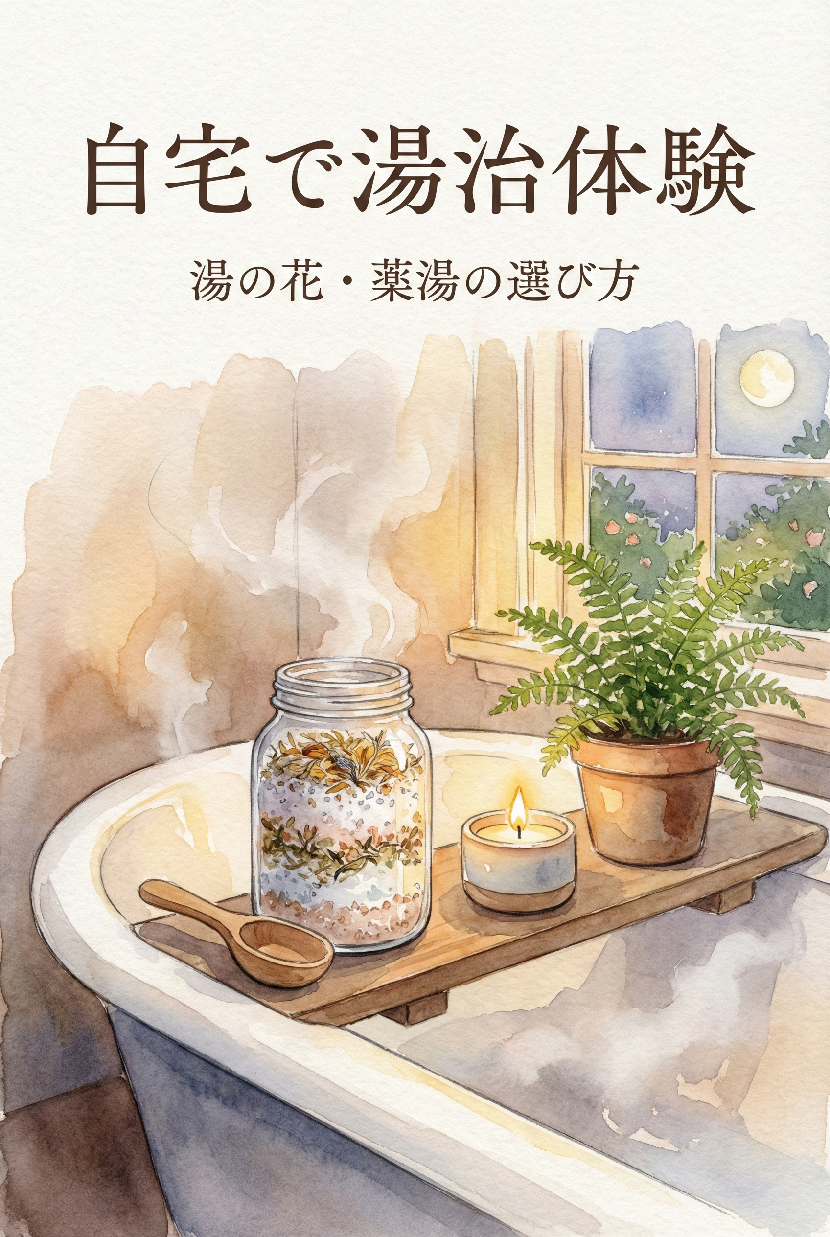 Candles and beautiful Japanese bath salts arranged beside a deep soaking tub