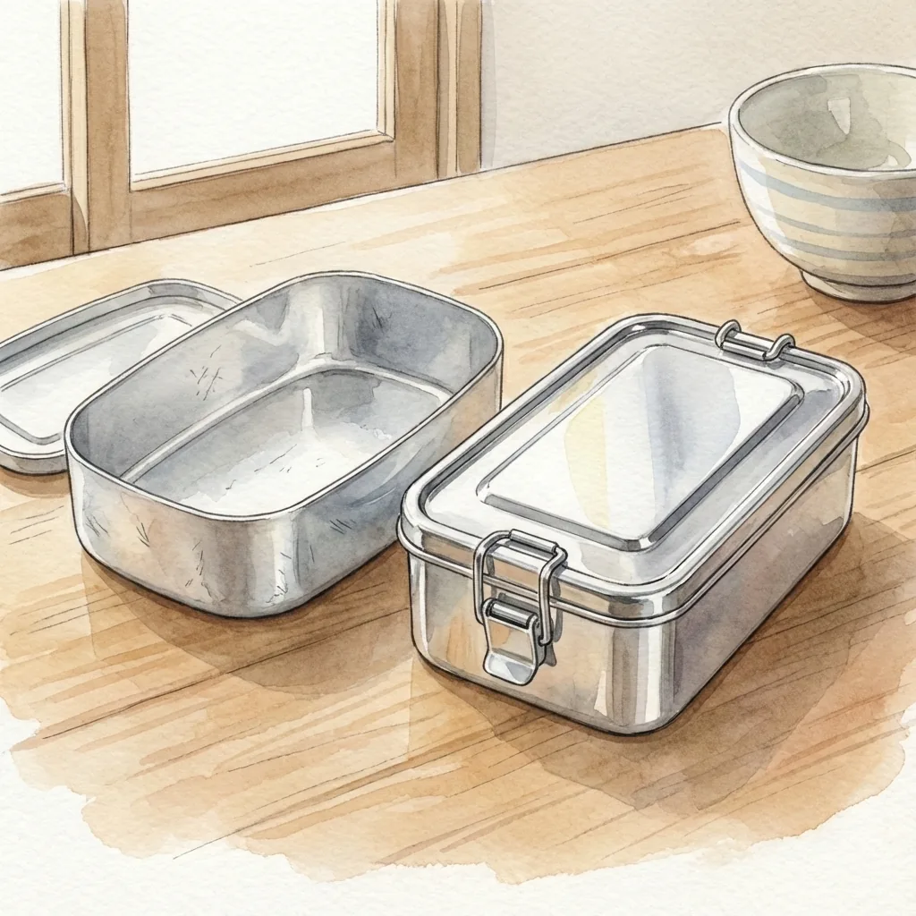 Illustration comparing a simple aluminum bento box and a stainless steel bento box