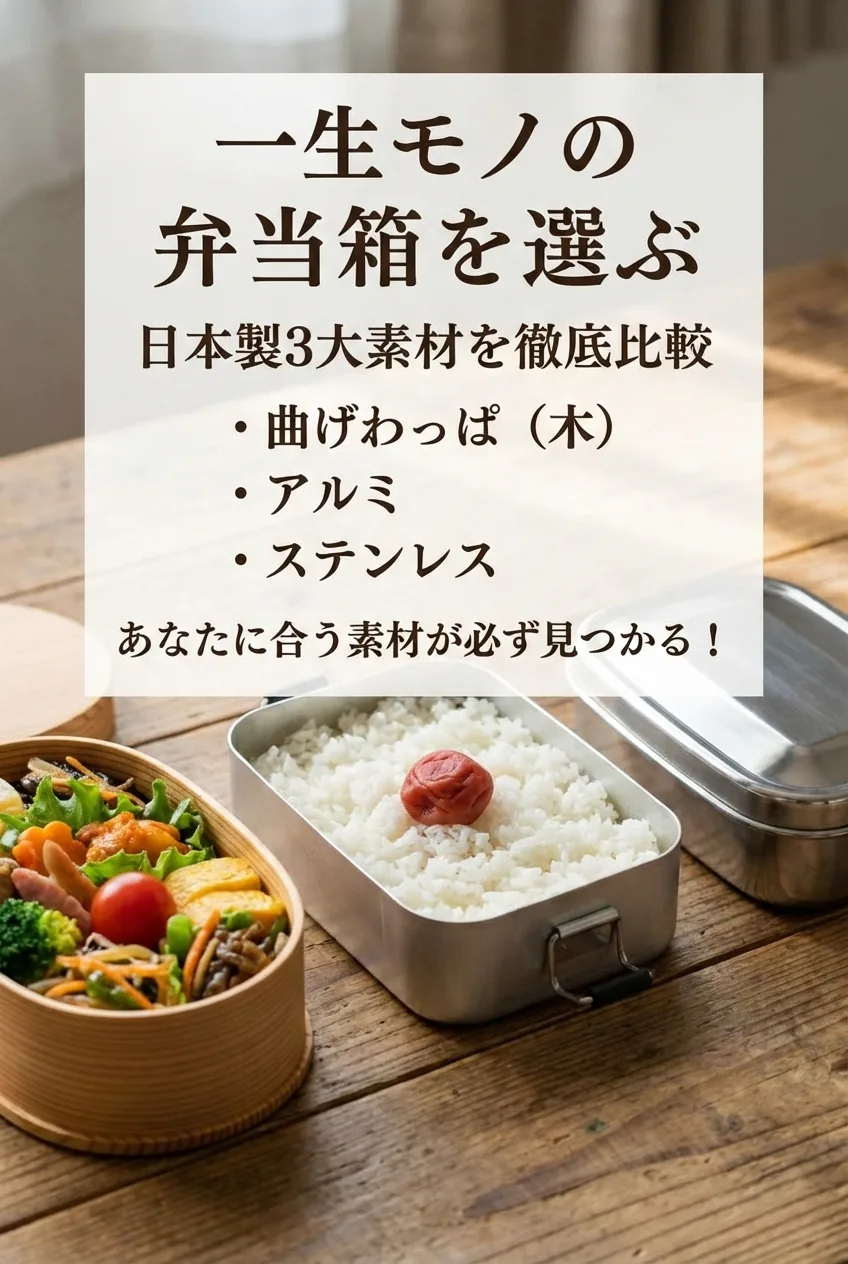 A lineup of Japanese-made bento boxes in magewappa, aluminum, and stainless steel