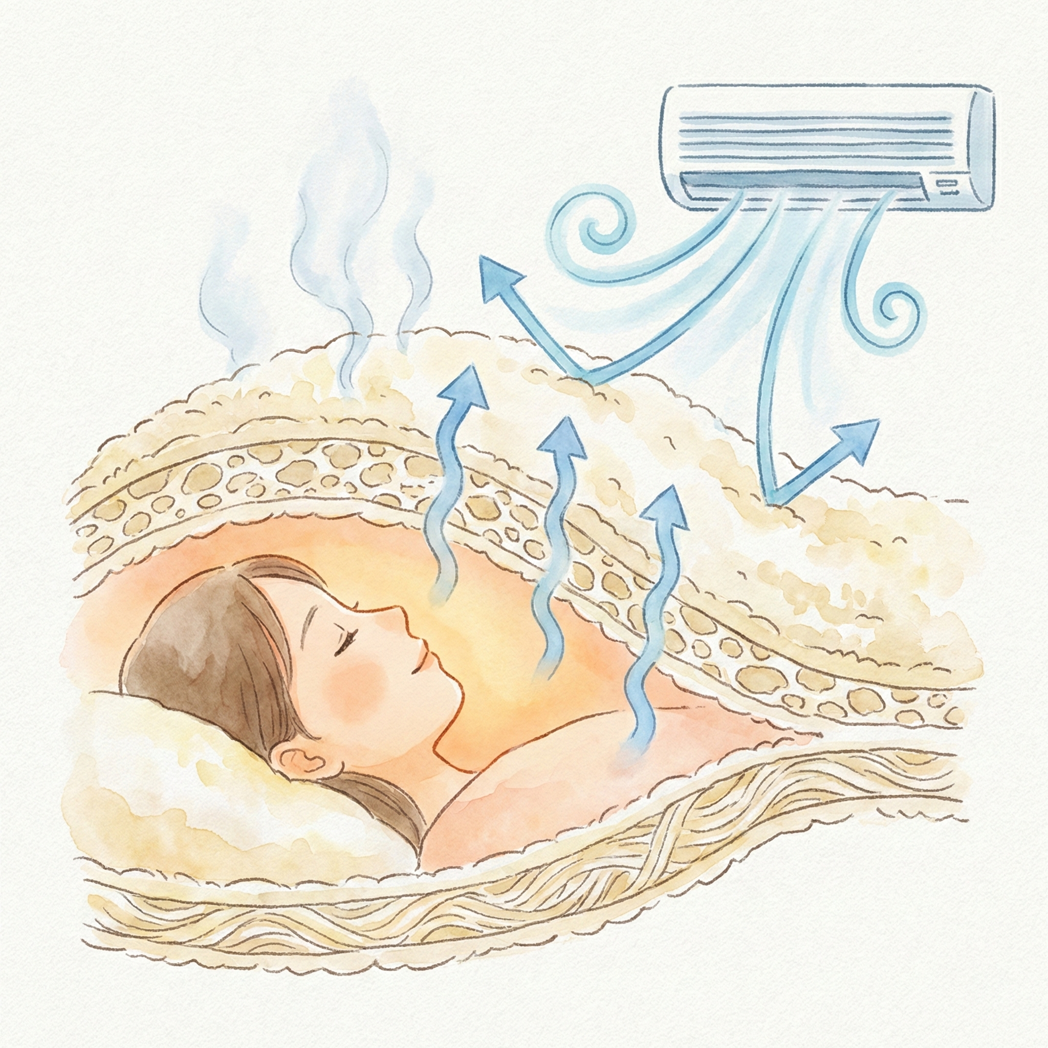 Diagram showing how moisture passes outward through a cotton blanket while temperature inside the bed stays stable — the ideal sleeping microclimate