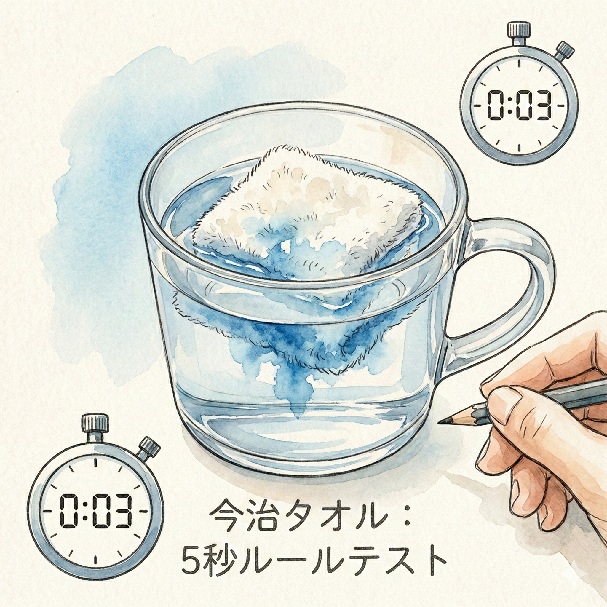 Illustration of the Imabari 5-second quality test: a fabric swatch placed on water sinking rapidly, demonstrating high absorbency