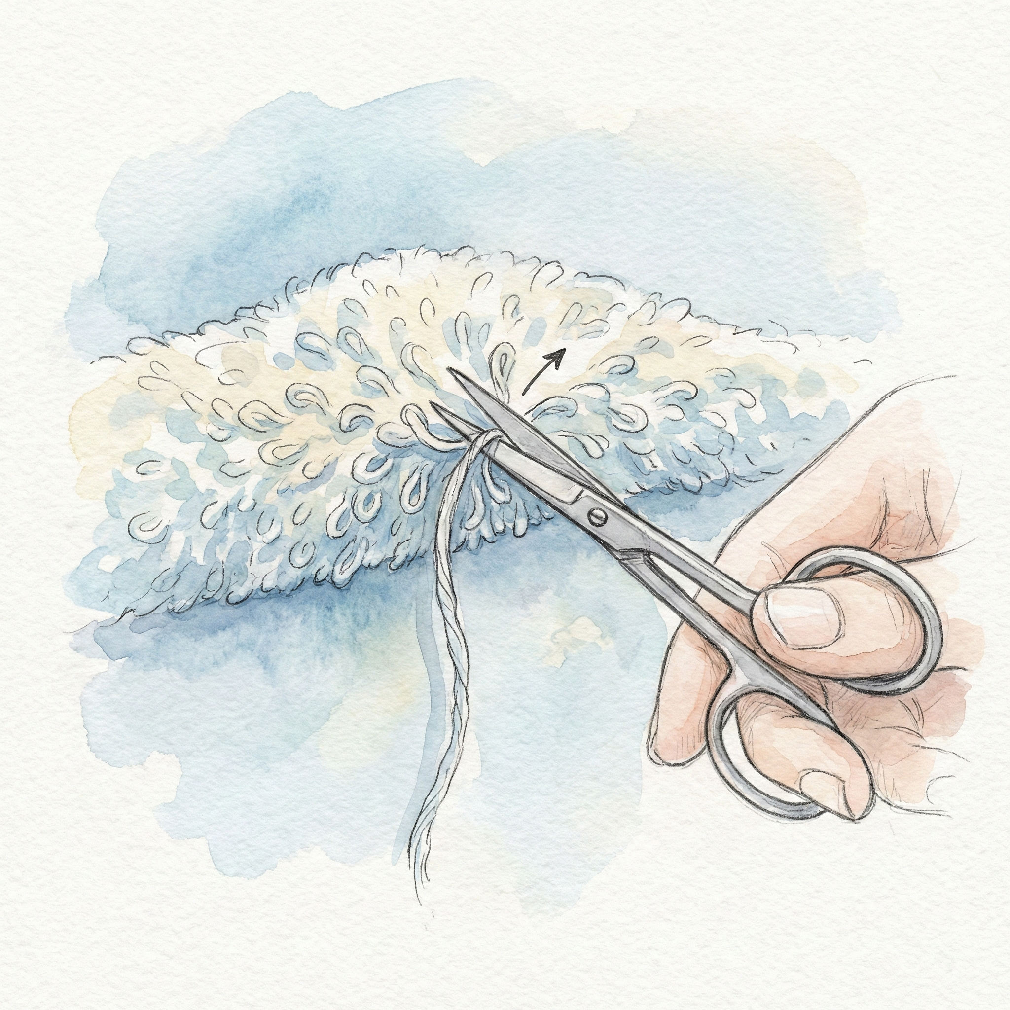 Illustration of scissors cutting a pulled thread at the base of a towel-ket pile, the correct way to handle snagged loops