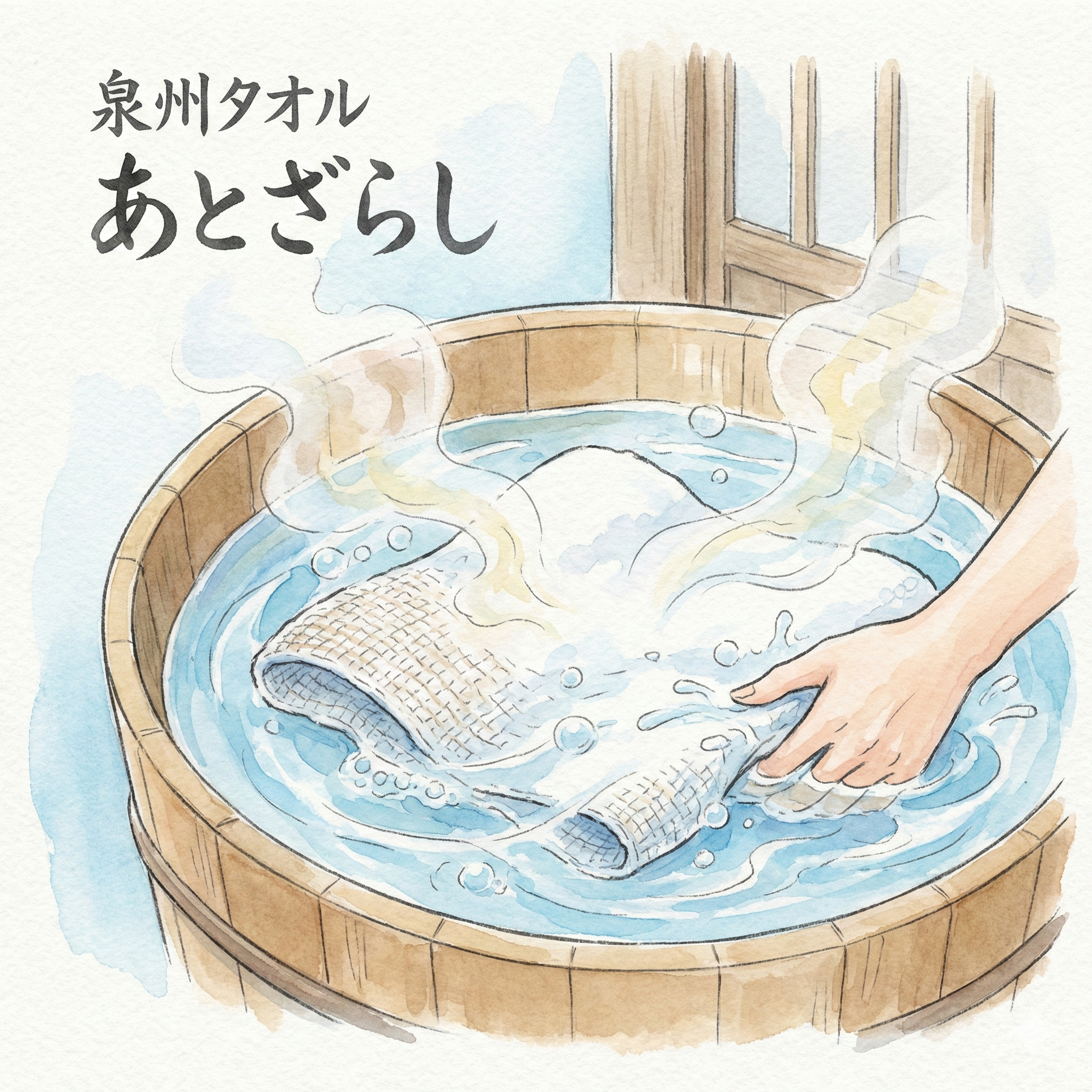 Illustration of the Senshu post-bleaching process: a finished towel being thoroughly washed to remove sizing agents and impurities