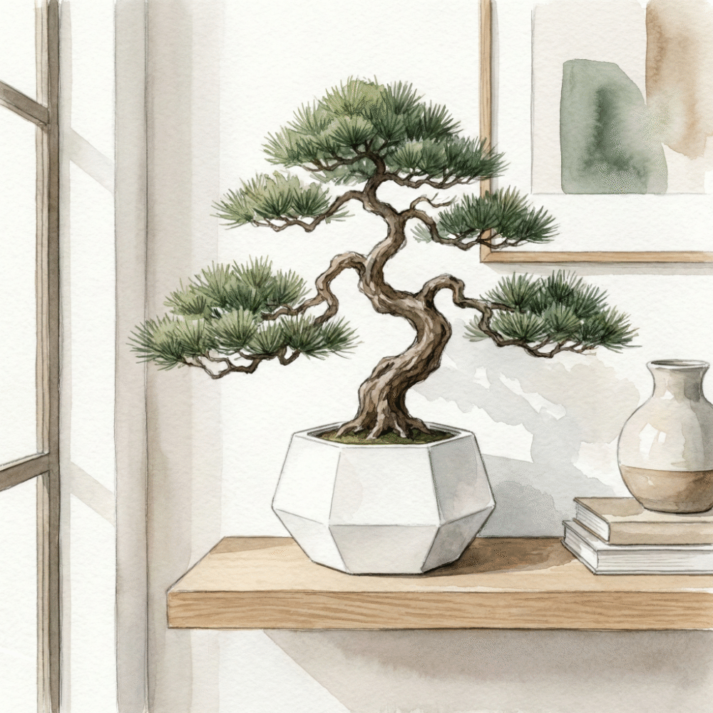A small pine bonsai in a sleek white pot, displayed in a modern living room