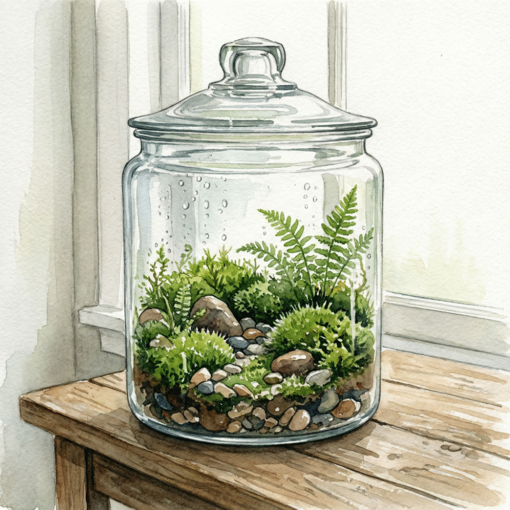 A glass jar moss terrarium with layered soil, green moss, and small decorative stones, placed on a wooden desk