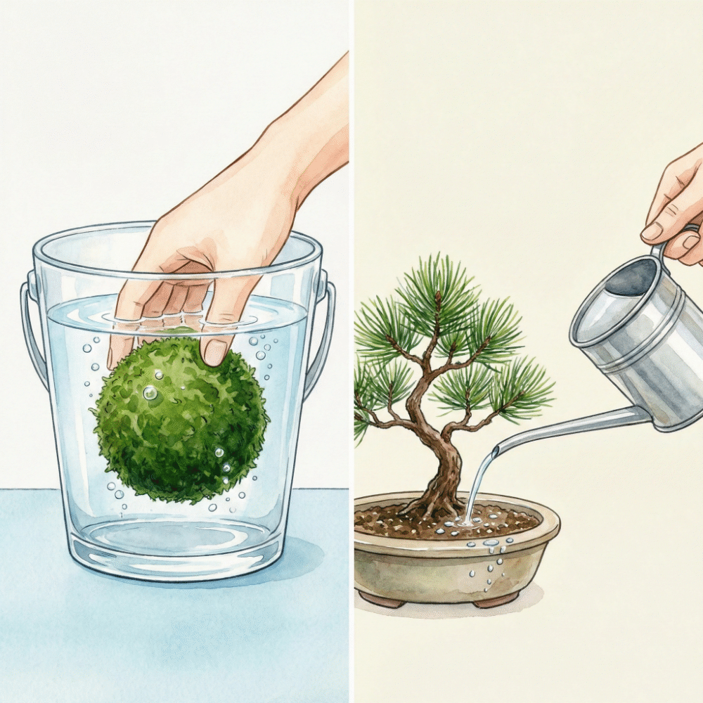 Illustration showing a kokedama being submerged in a bucket for deep soaking (left) and a watering can being used on a potted bonsai (right)