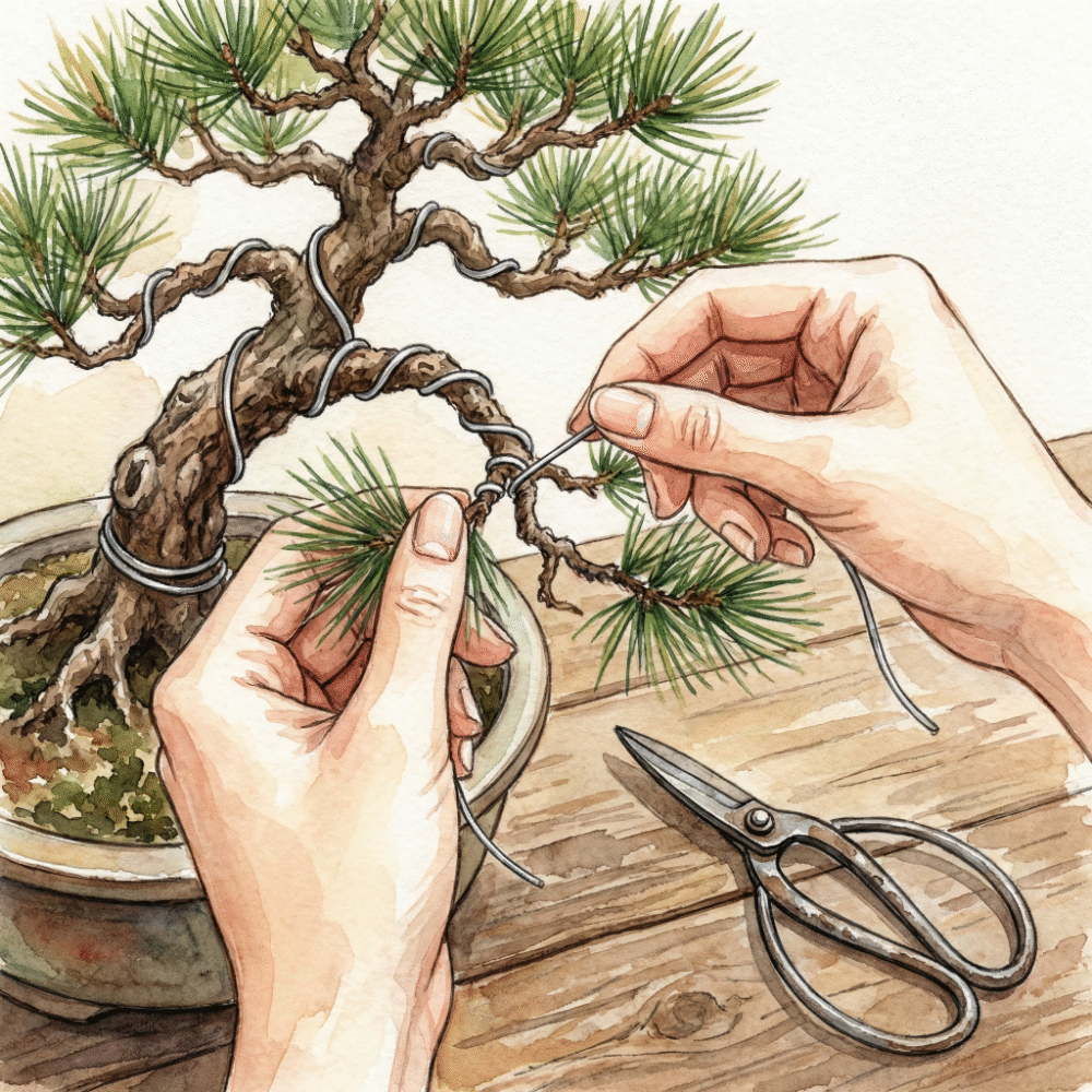 Close-up illustration of wire being wrapped around a bonsai branch to guide its direction