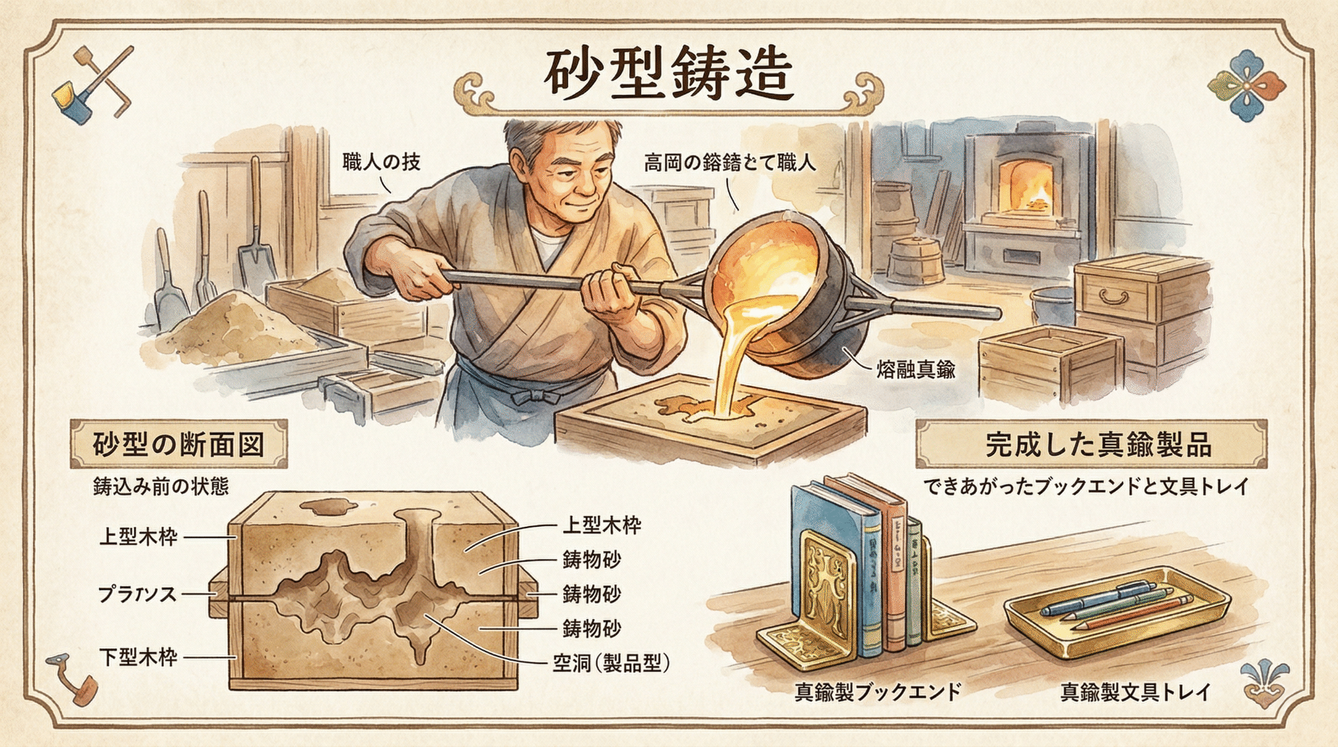 Takaoka craftsman pouring brass into a sand mold, and the resulting sand-cast bookend and desk tray