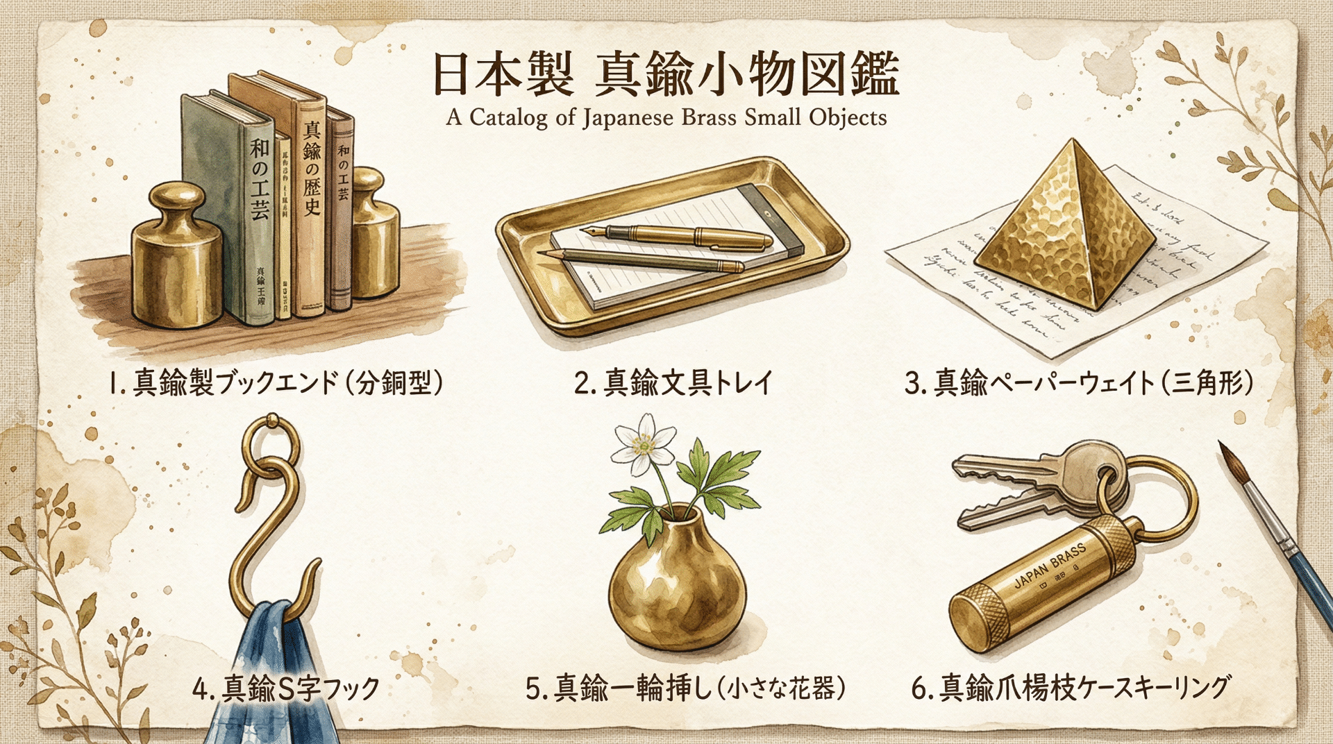 Six Japan-made brass objects: bookend, desk tray, paperweight, S-hook, flower vase, toothpick case