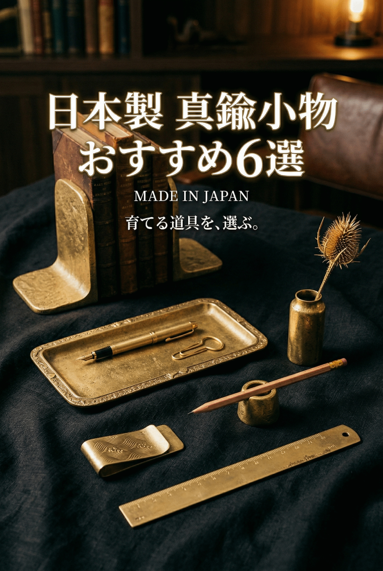 Japanese brass accessories on a desk — FUTAGAMI desk tray, paperweight and hooks