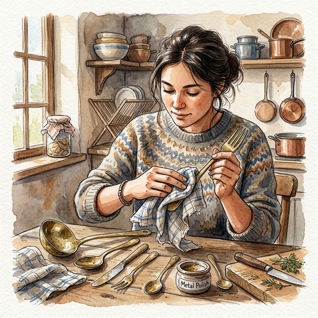 Carefully drying brass cutlery with a cloth after washing
