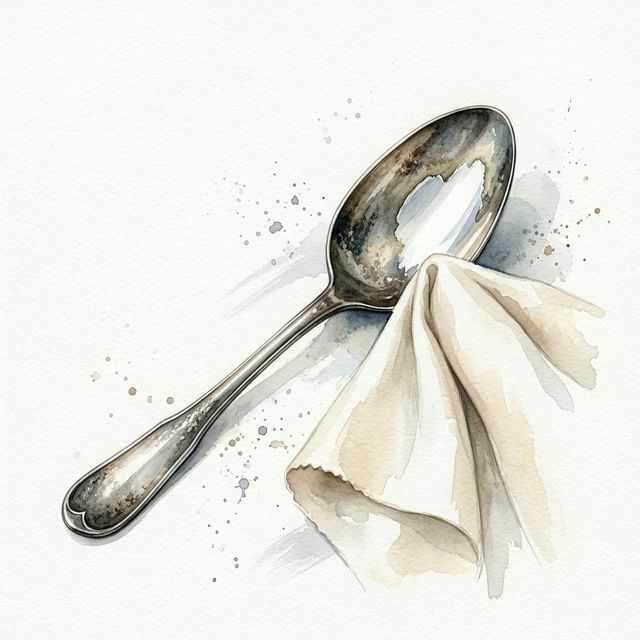 Gently polishing the silver-plated tip of brass cutlery