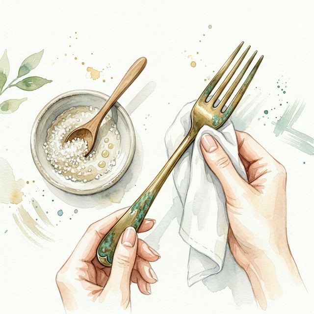 Removing verdigris from brass cutlery with a vinegar and salt paste