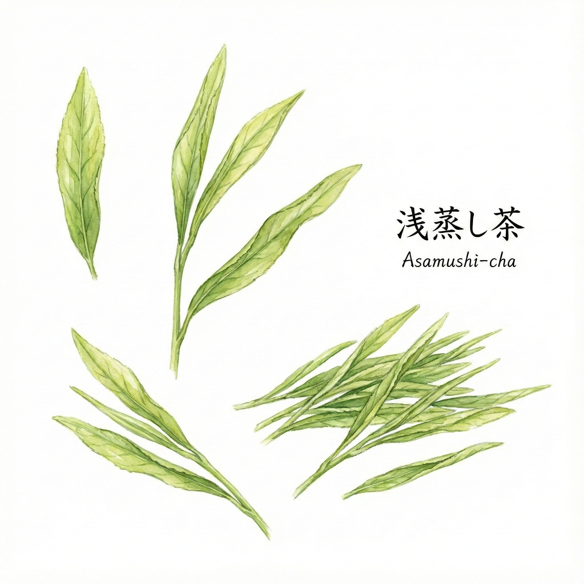 Illustration of long, needle-shaped asamushi lightly steamed sencha leaves