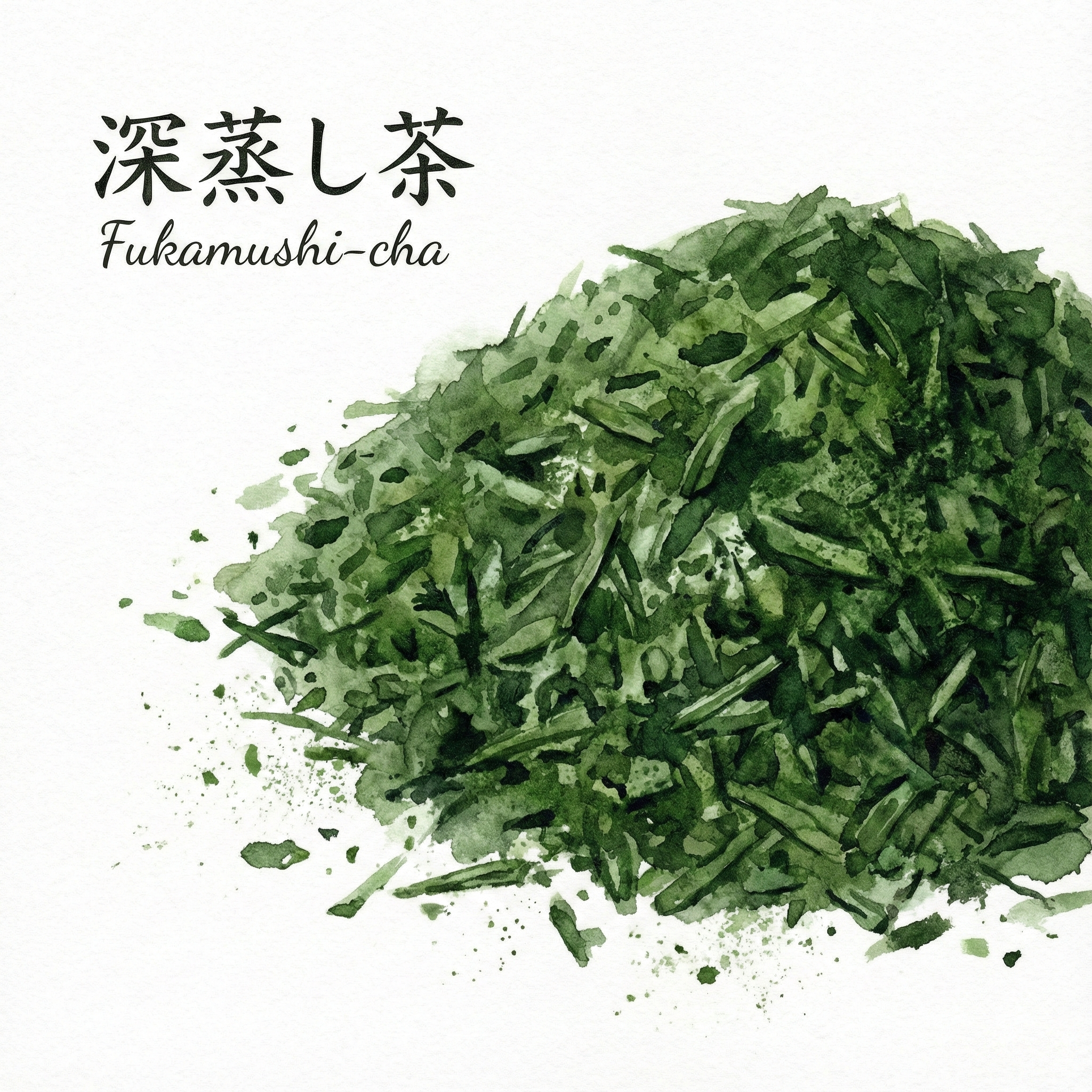 Illustration of fine, powdery fukamushi deep-steamed sencha leaves