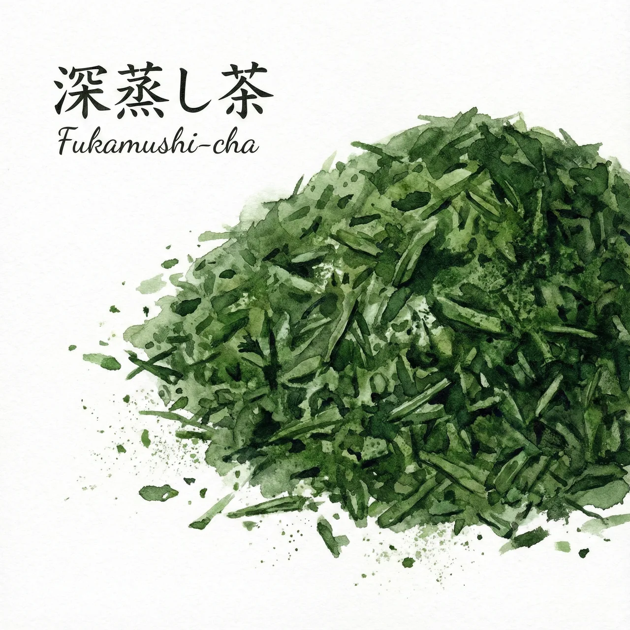 Illustration of fine, powdery fukamushi deep-steamed sencha leaves