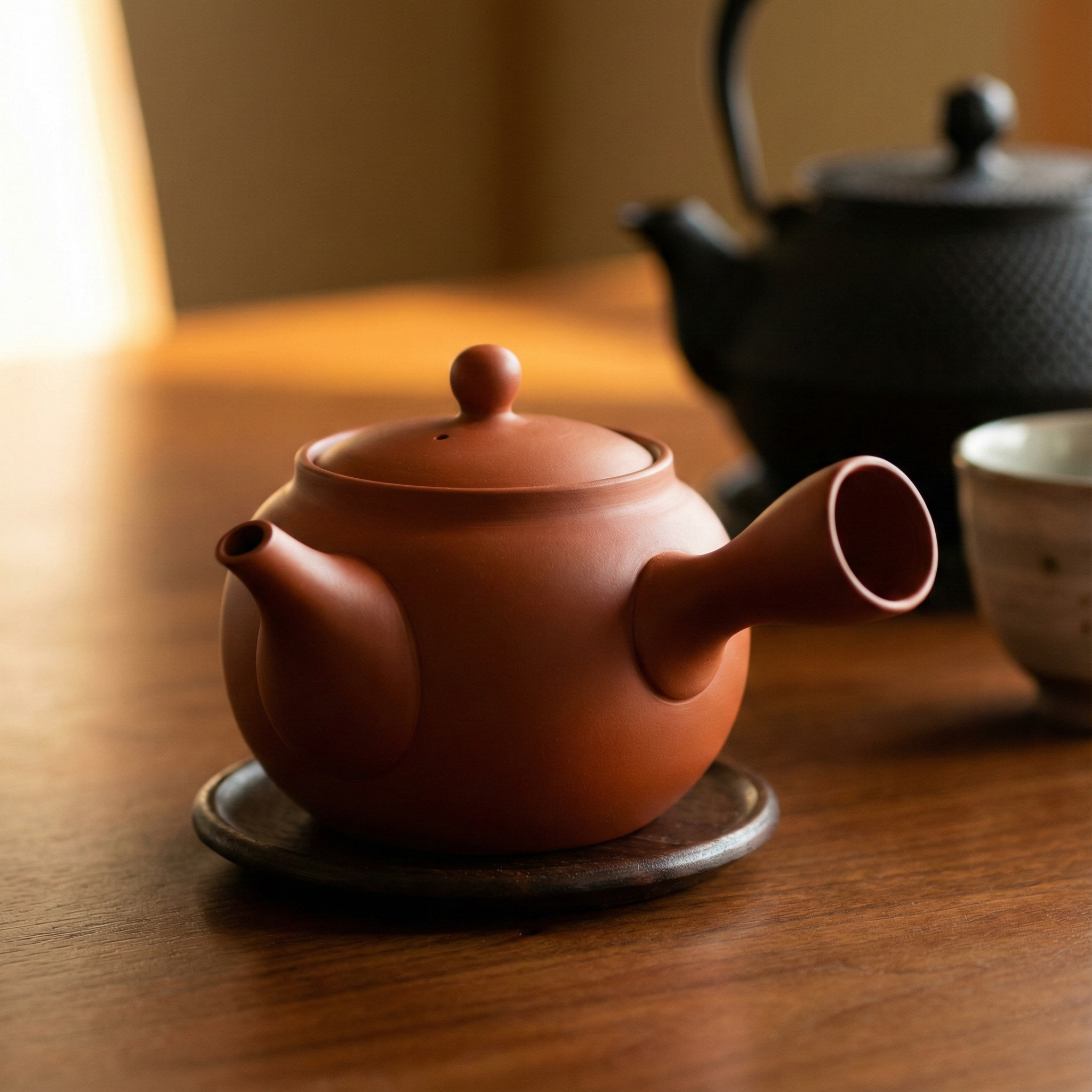 Photo of a well-used red Tokoname-ware unglazed clay kyusu teapot