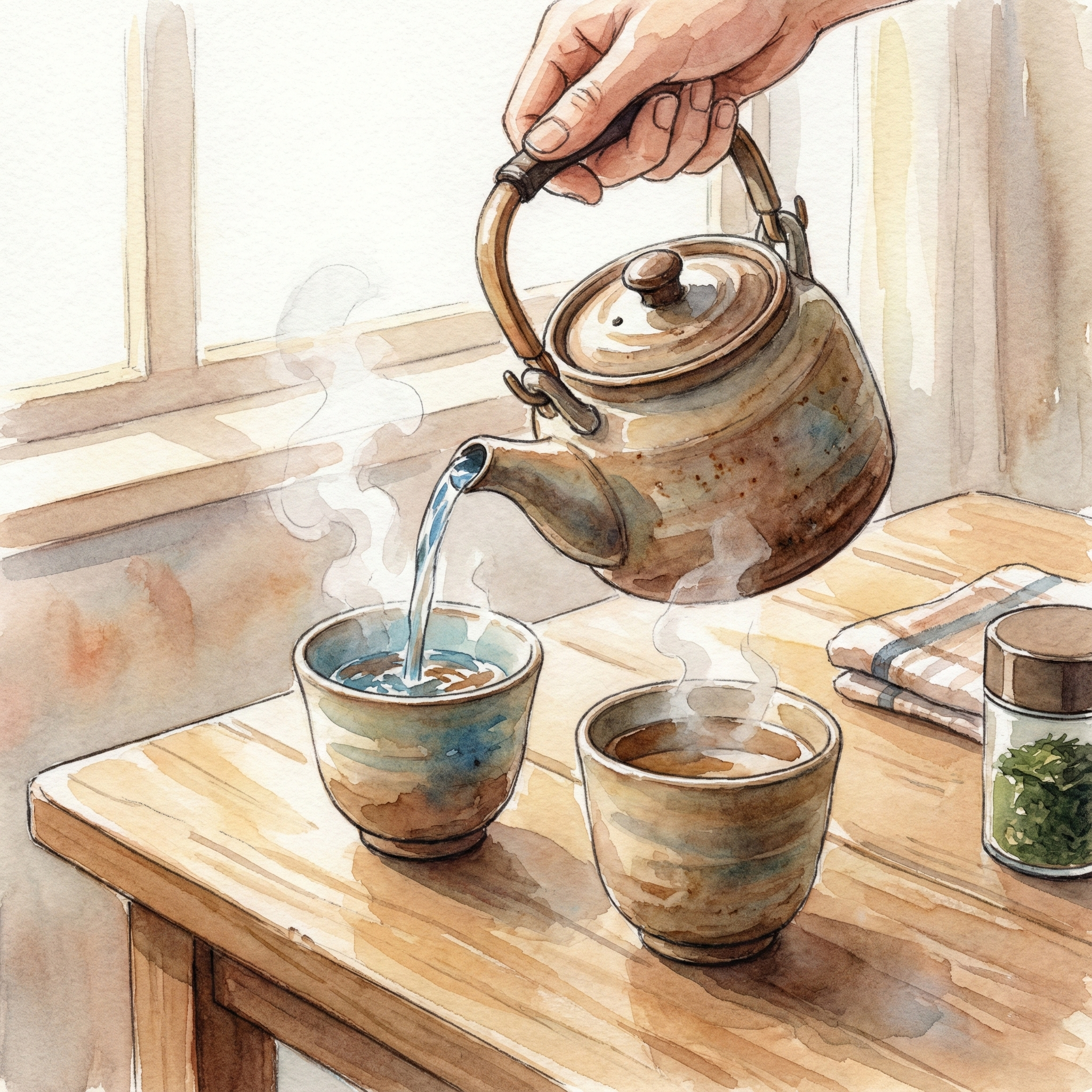 Illustration of pouring boiling water from a kettle into teacups to cool it down