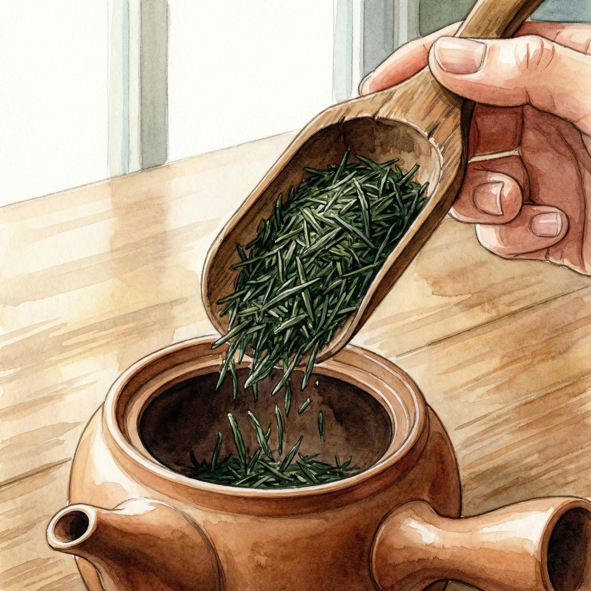 Illustration of measuring sencha leaves with a tea scoop and placing them in a kyusu teapot