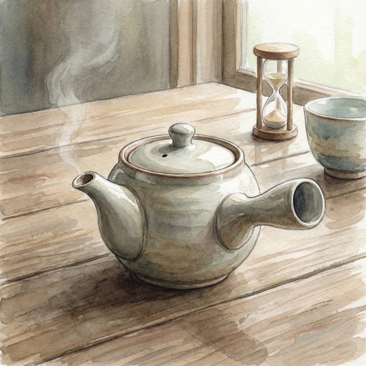 Illustration of a kyusu teapot with lid on, quietly steeping — no shaking