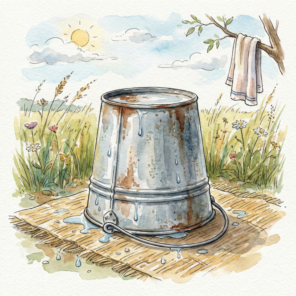 Illustration showing a bucket turned upside-down and left to air-dry in a ventilated spot — the correct way to maintain it