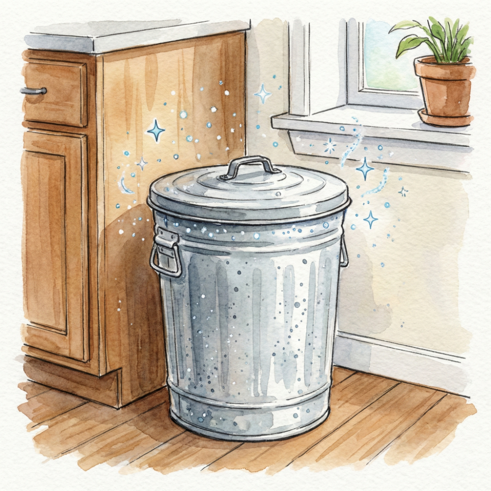 Illustration of an OBAKETSU trash can in the corner of a kitchen — clean and odor-free even with kitchen waste or diapers inside