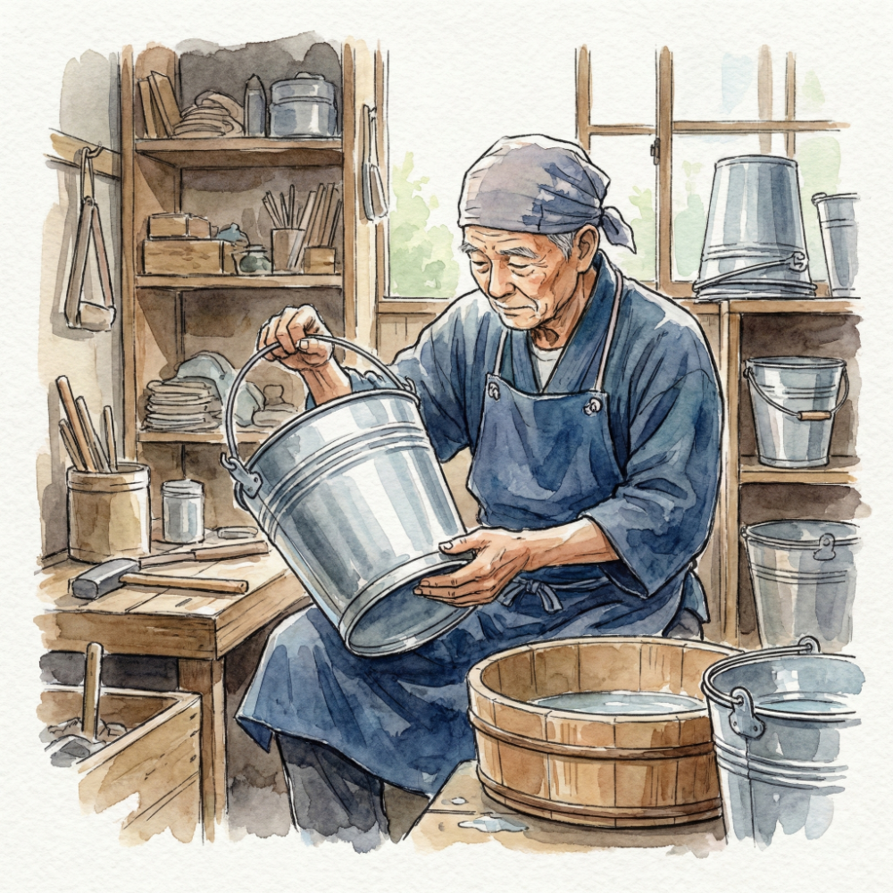 Illustration of a craftsperson at the factory filling a bucket with water and inspecting it one by one for leaks