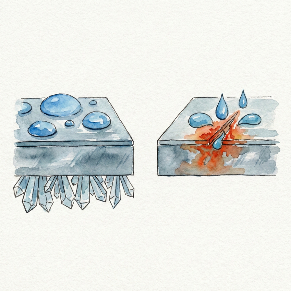 Comparison illustration showing the structural difference between galvanized (zinc-coated) and tin-plated steel, and why galvanized holds up better against water
