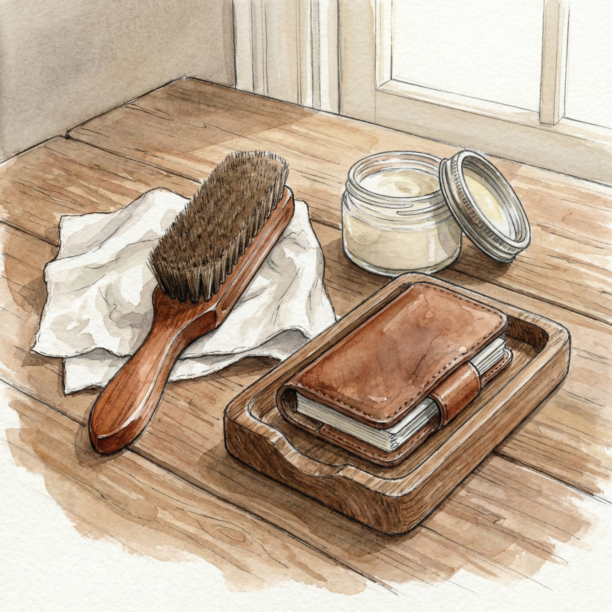 Illustration of a leather brush, soft cloth, and a small amount of cream alongside a card case resting on a tray