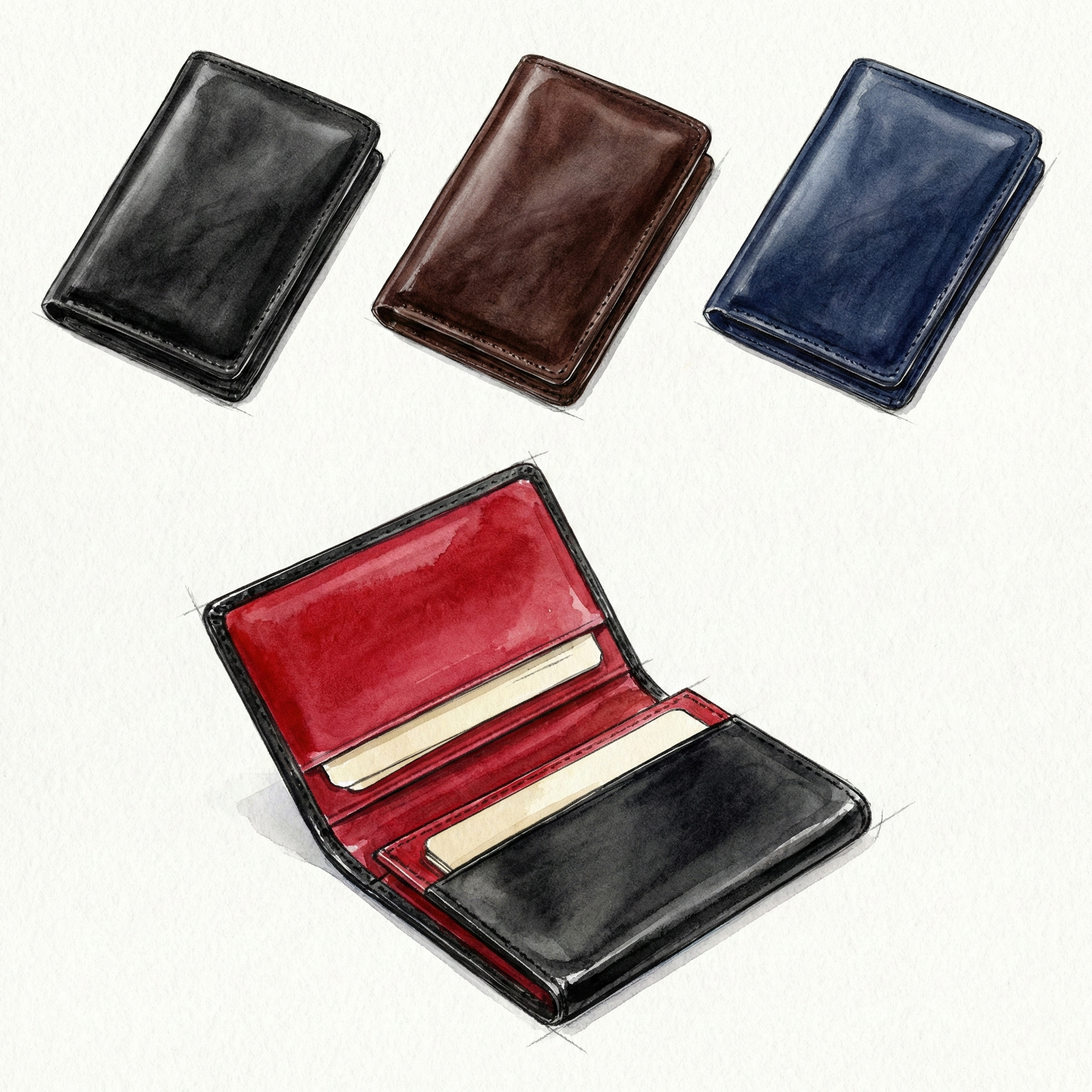 Illustration of black, brown, and navy card cases alongside a bi-color case opened to reveal a red interior