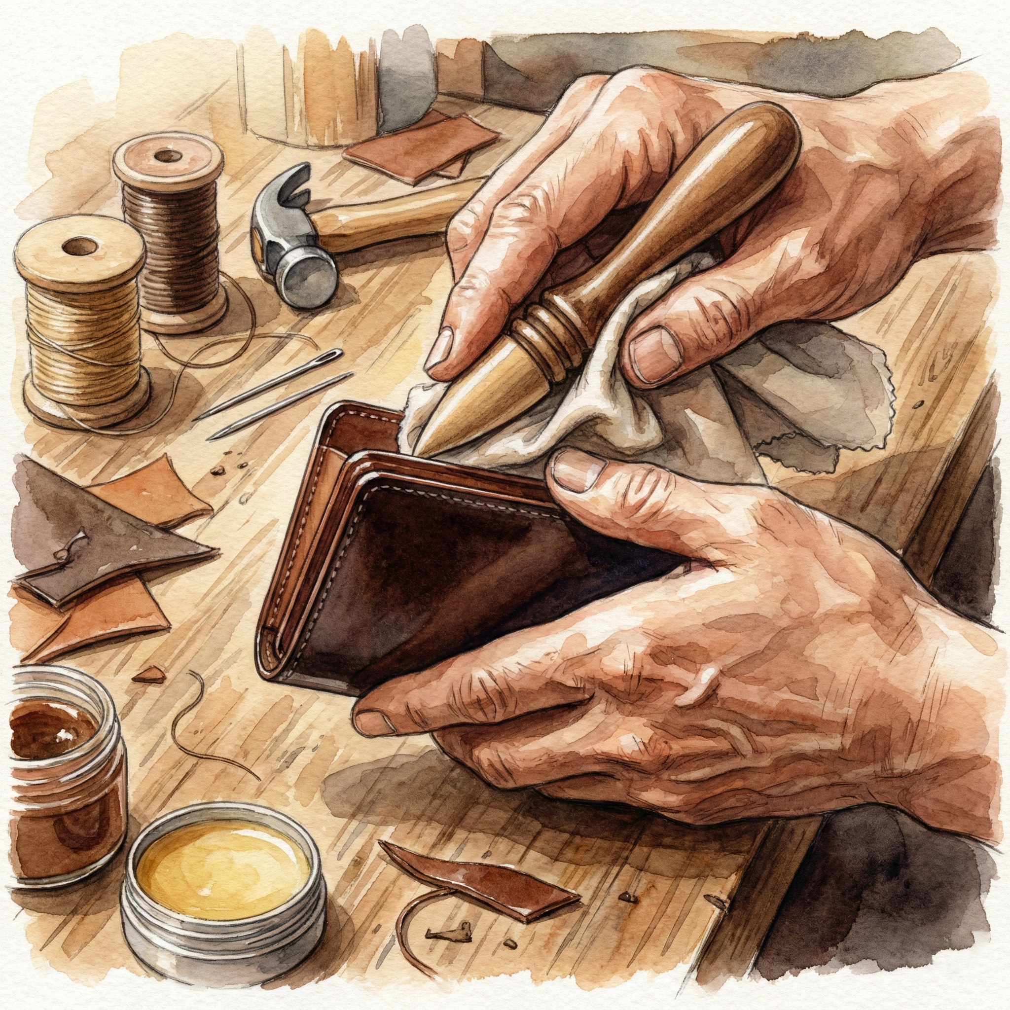 Close-up illustration of a Japanese craftsperson burnishing the leather edge (koba) of a card case by hand