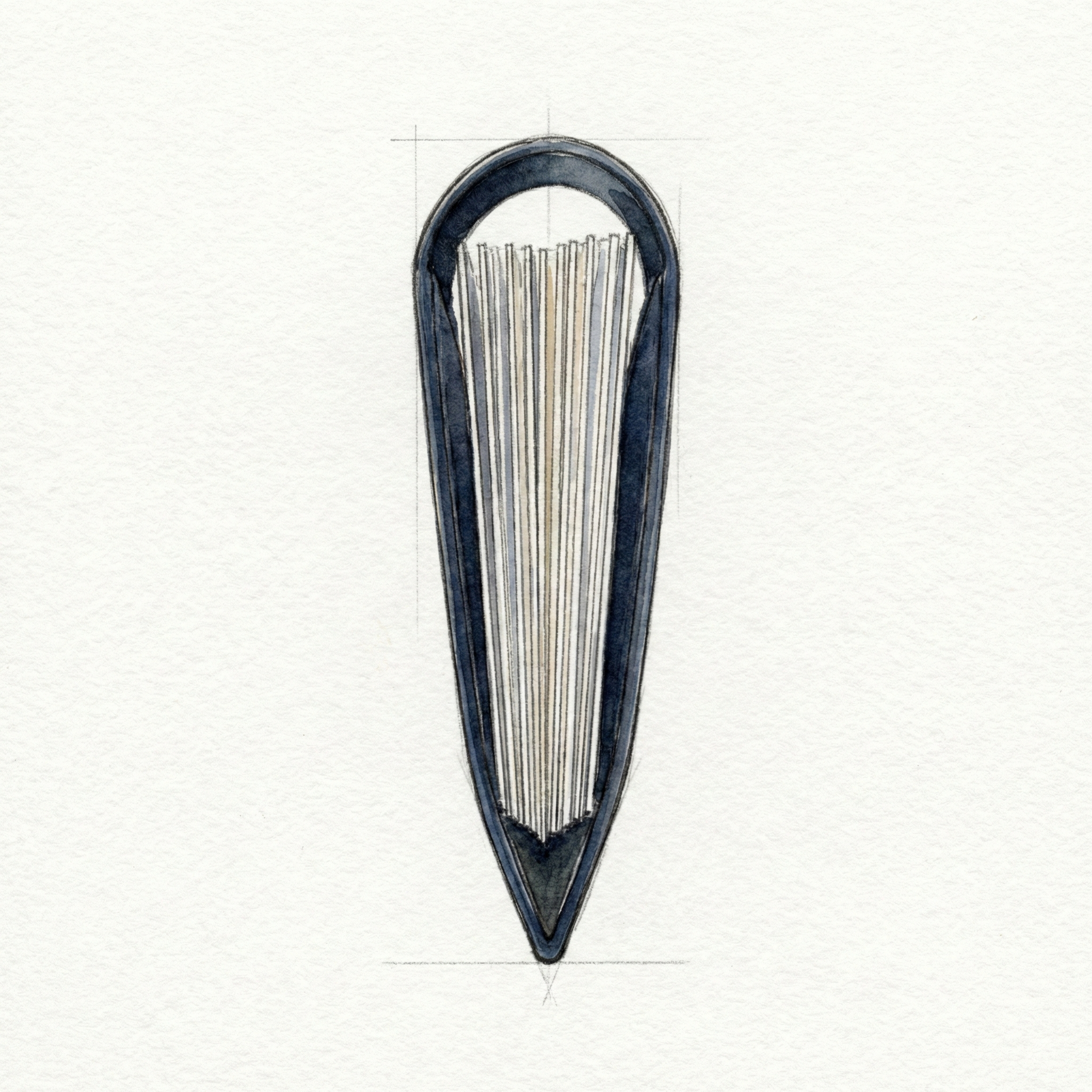 Side-view illustration of a tapered (sasa-machi) gusset card case showing the V-shaped bottom profile