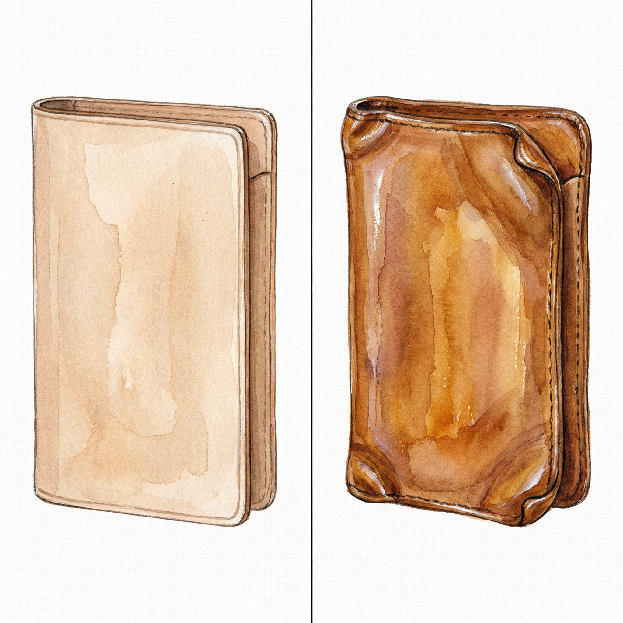 Comparison illustration: a new pale nude leather card case on the left, and the same case aged to rich amber on the right