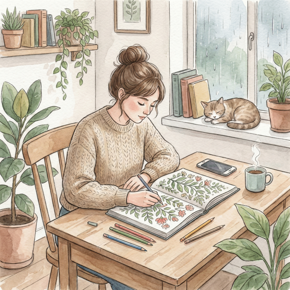 A person relaxing at a desk, absorbed in adult coloring, with their phone set aside in a quiet room