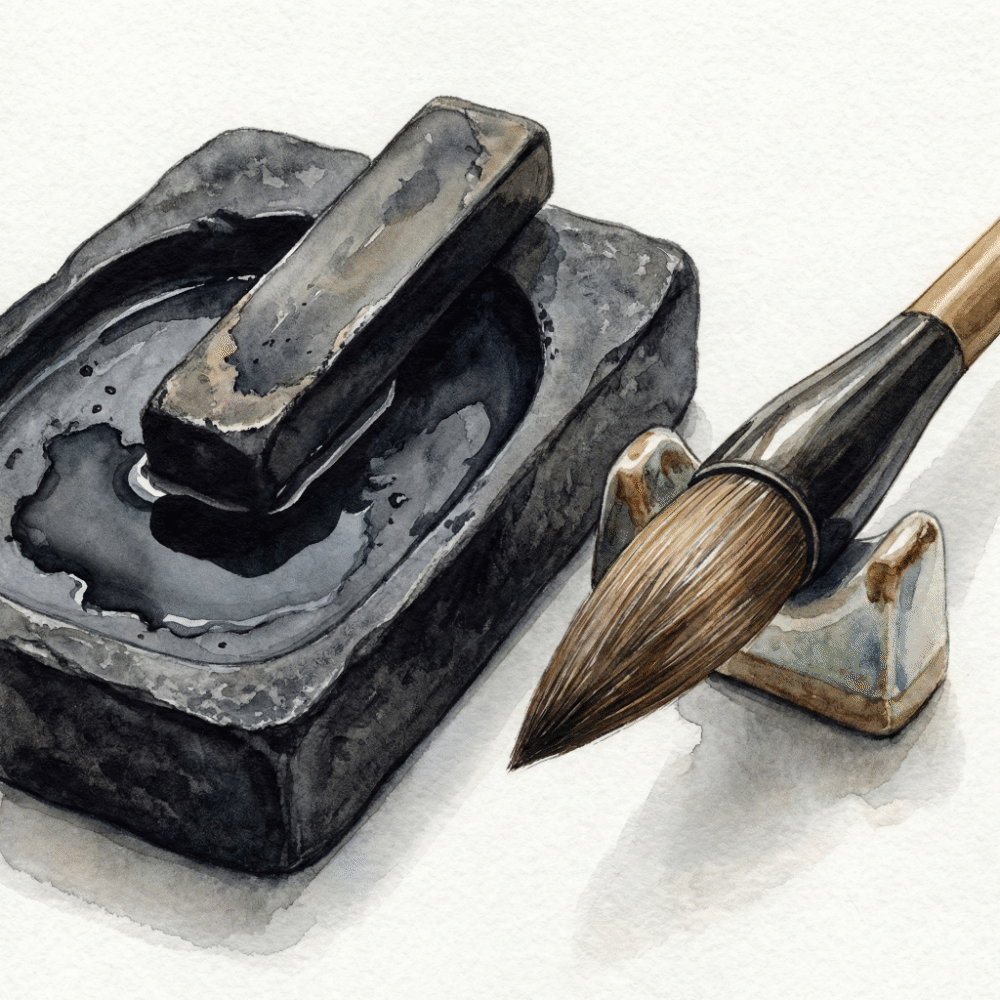 Close-up of hands grinding a sumi ink stick on an inkstone, with a Kumano-fude brush resting beside it