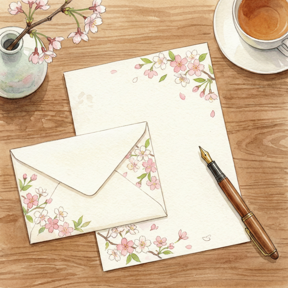 Elegant Mino-washi letter paper with seasonal motifs, alongside a fountain pen and brush pen on a desk