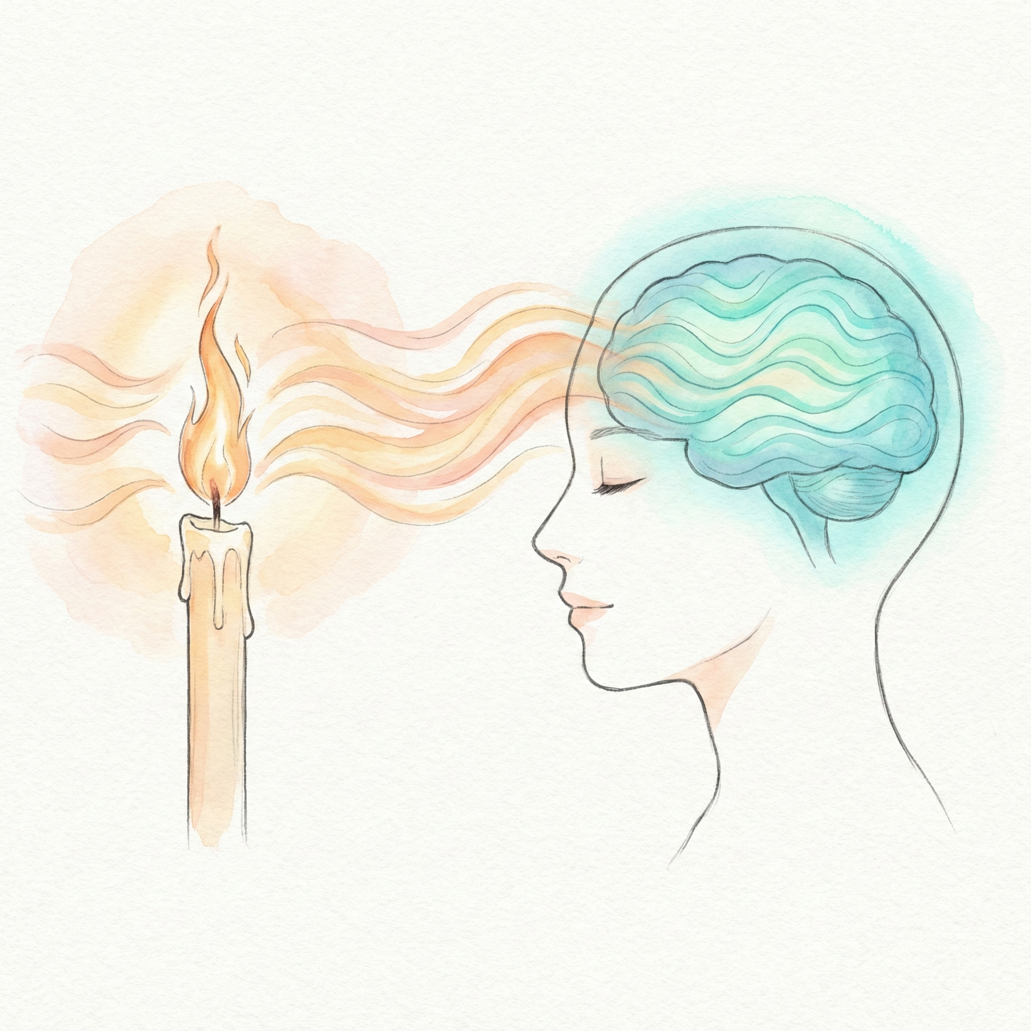 Illustration of a wa-rosoku flame flickering with a 1/f rhythm, with a calming effect on the brain shown conceptually