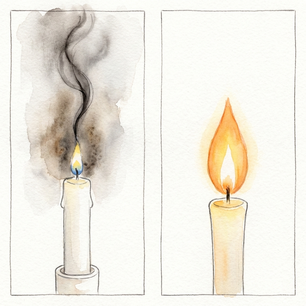 Comparison illustration: a petroleum-based candle producing black soot (left) versus a clean-burning wa-rosoku (right)