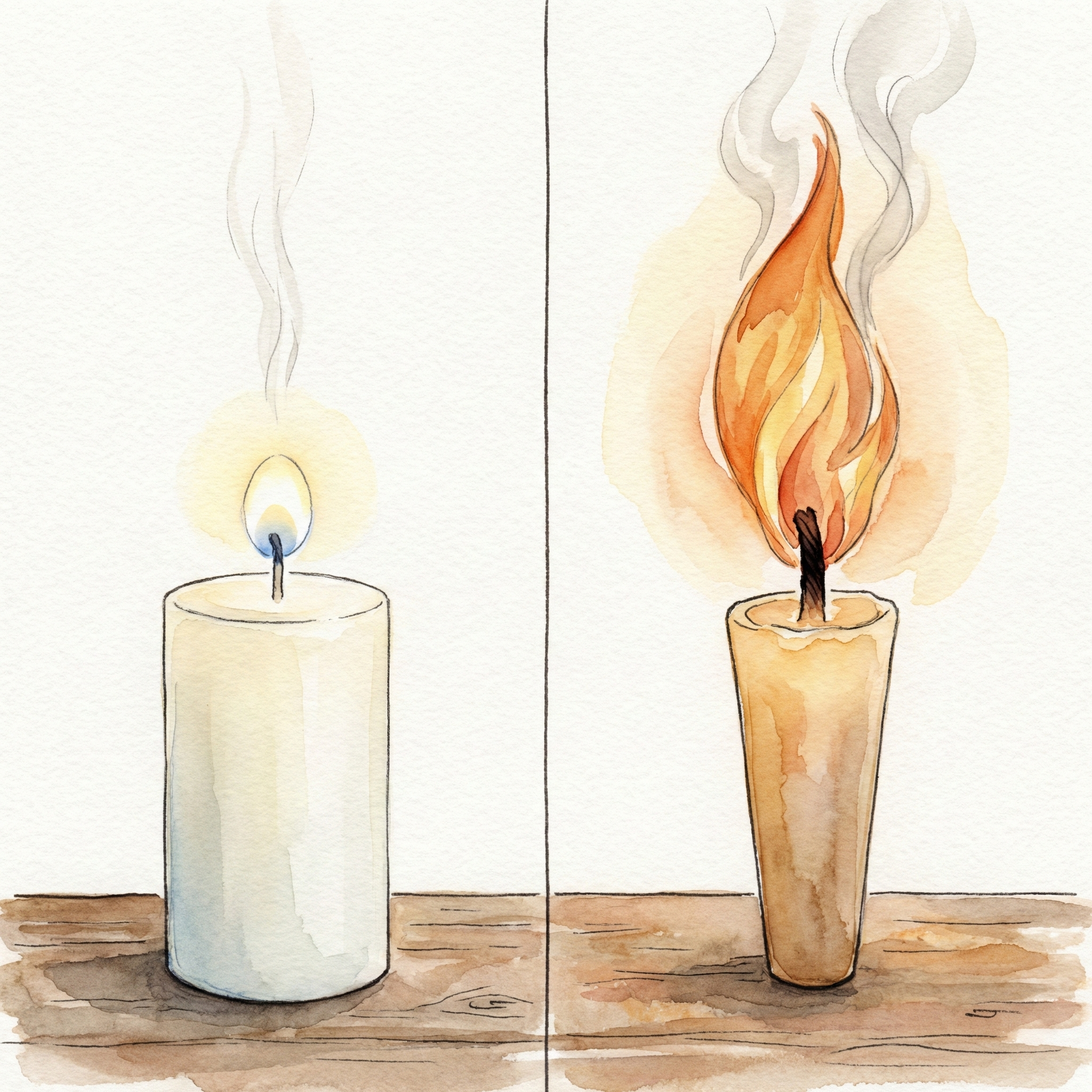 Comparison illustration: a small stable flame on a Western candle (left) versus the tall, dynamic flame of a wa-rosoku (right)